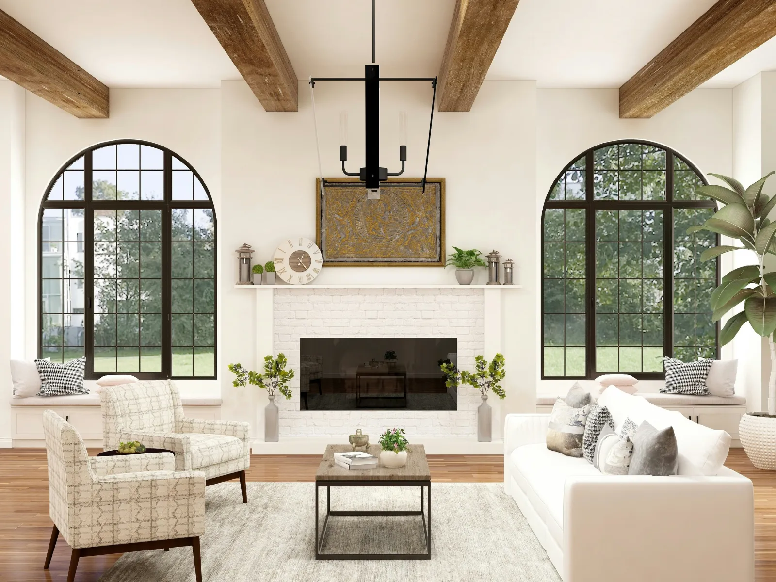 Bright modern living room with wooden beams, large arched windows, white sofa, armchairs, and a fireplace.