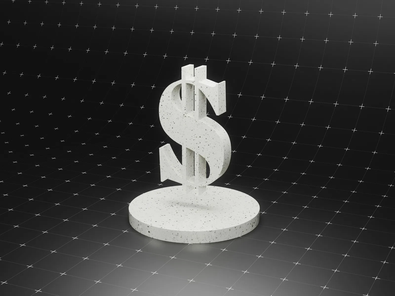 3D concrete dollar sign on a round platform against a dark grid background symbolizing finance.