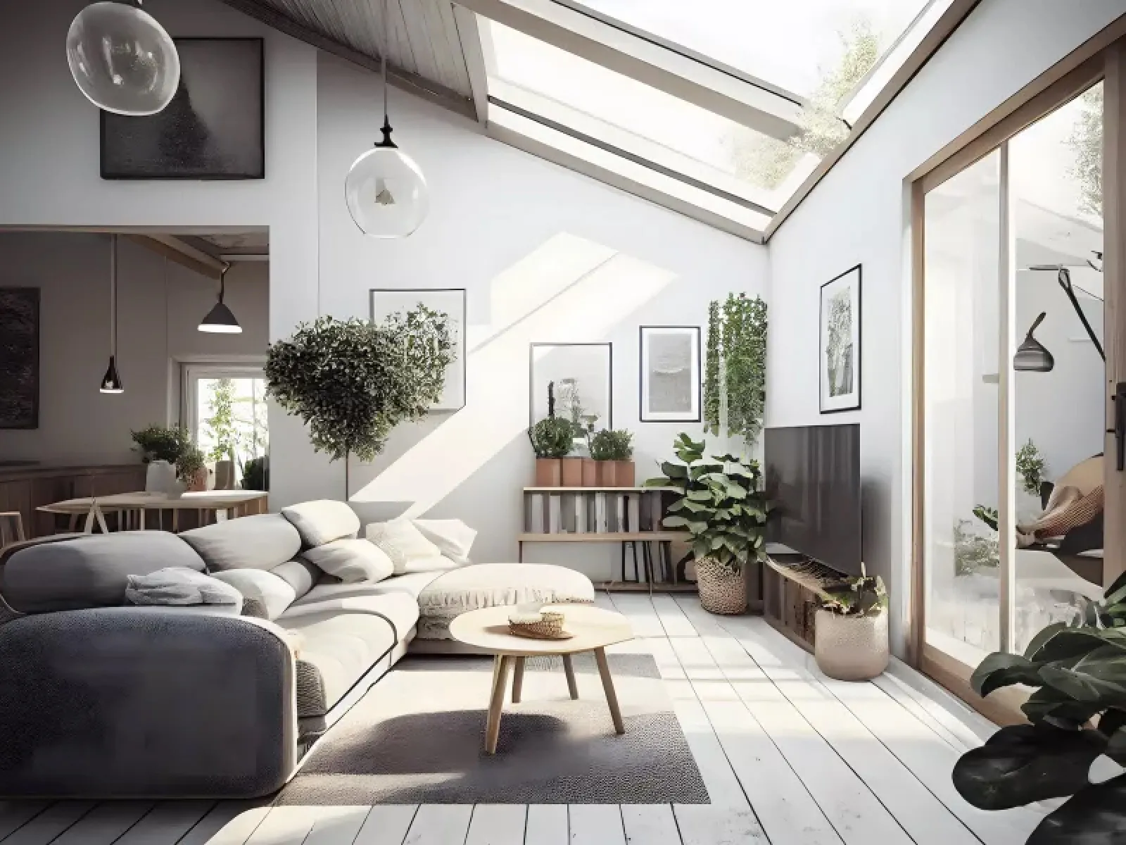 a living room with a couch and a table