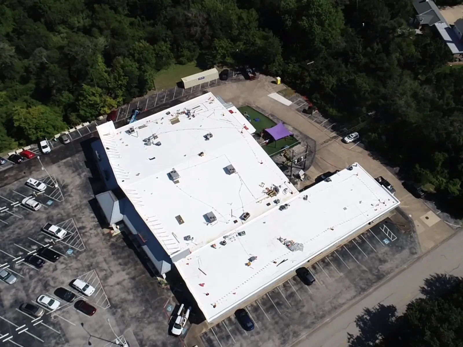 a building with a parking lot
