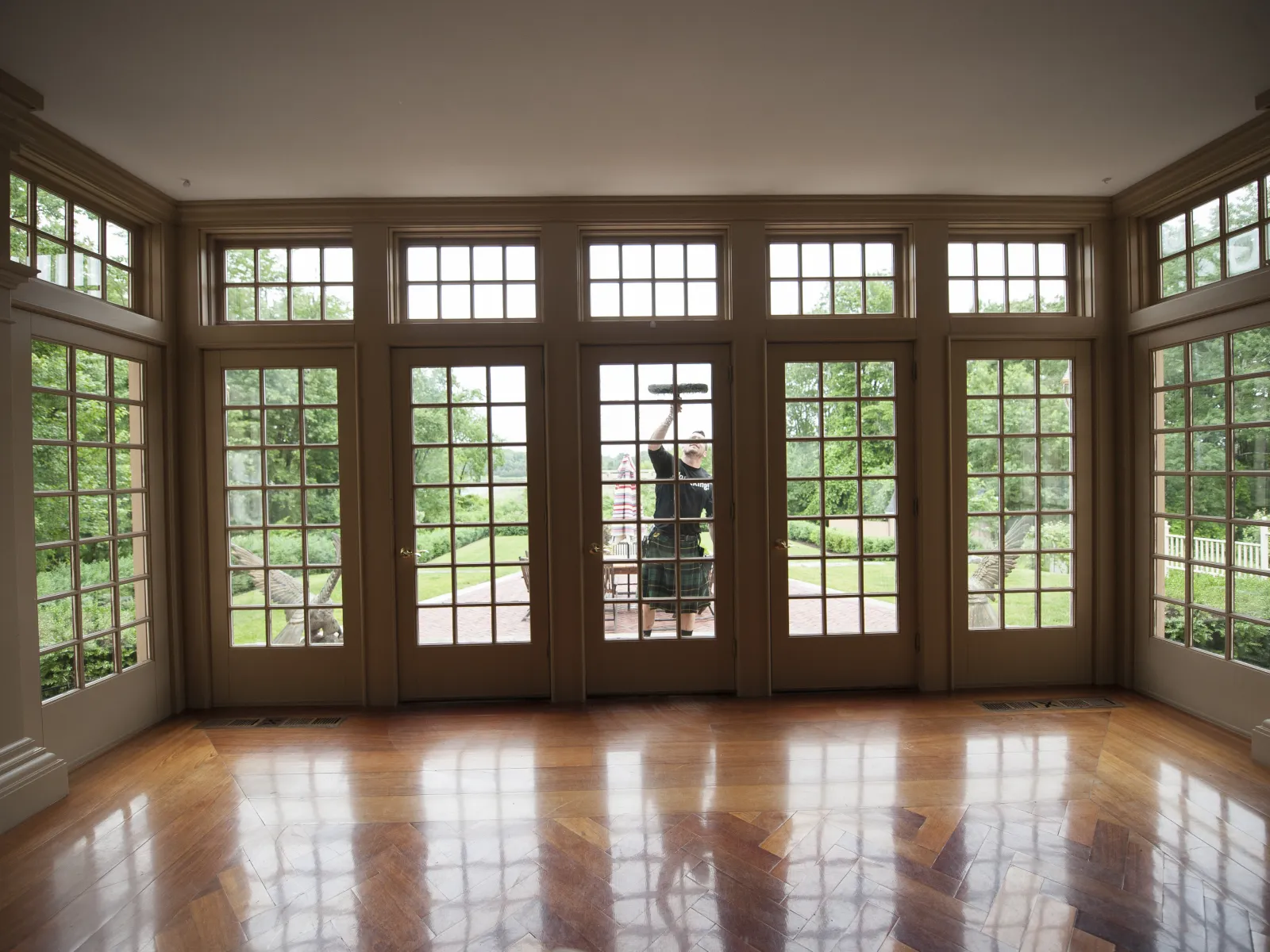 a room with many windows