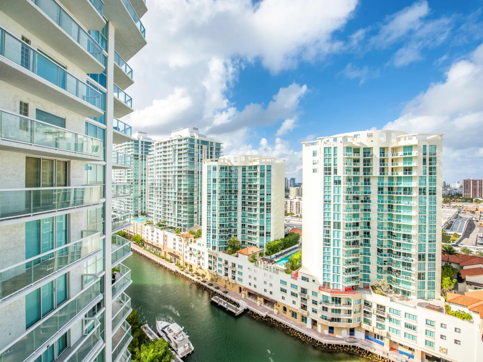 a river between buildings