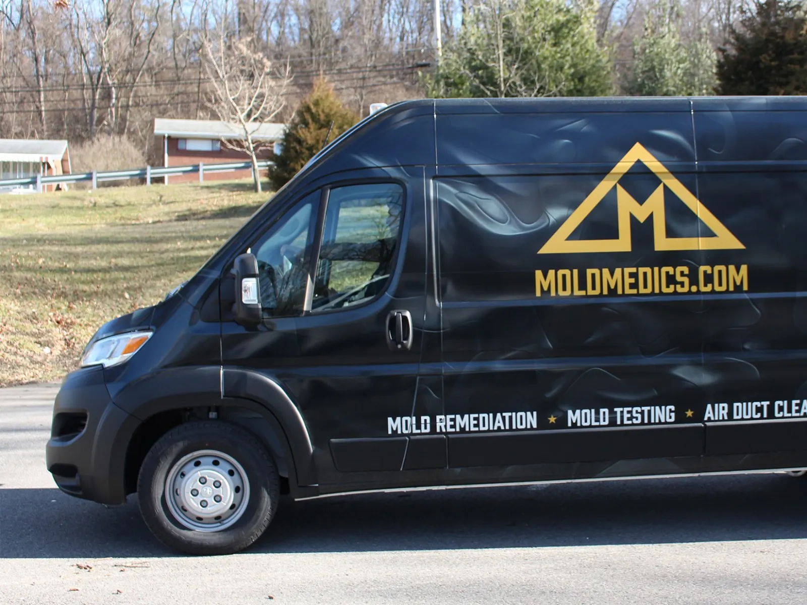 Black Mold Medics van with yellow logo, phone number, and services like mold remediation and air duct cleaning.