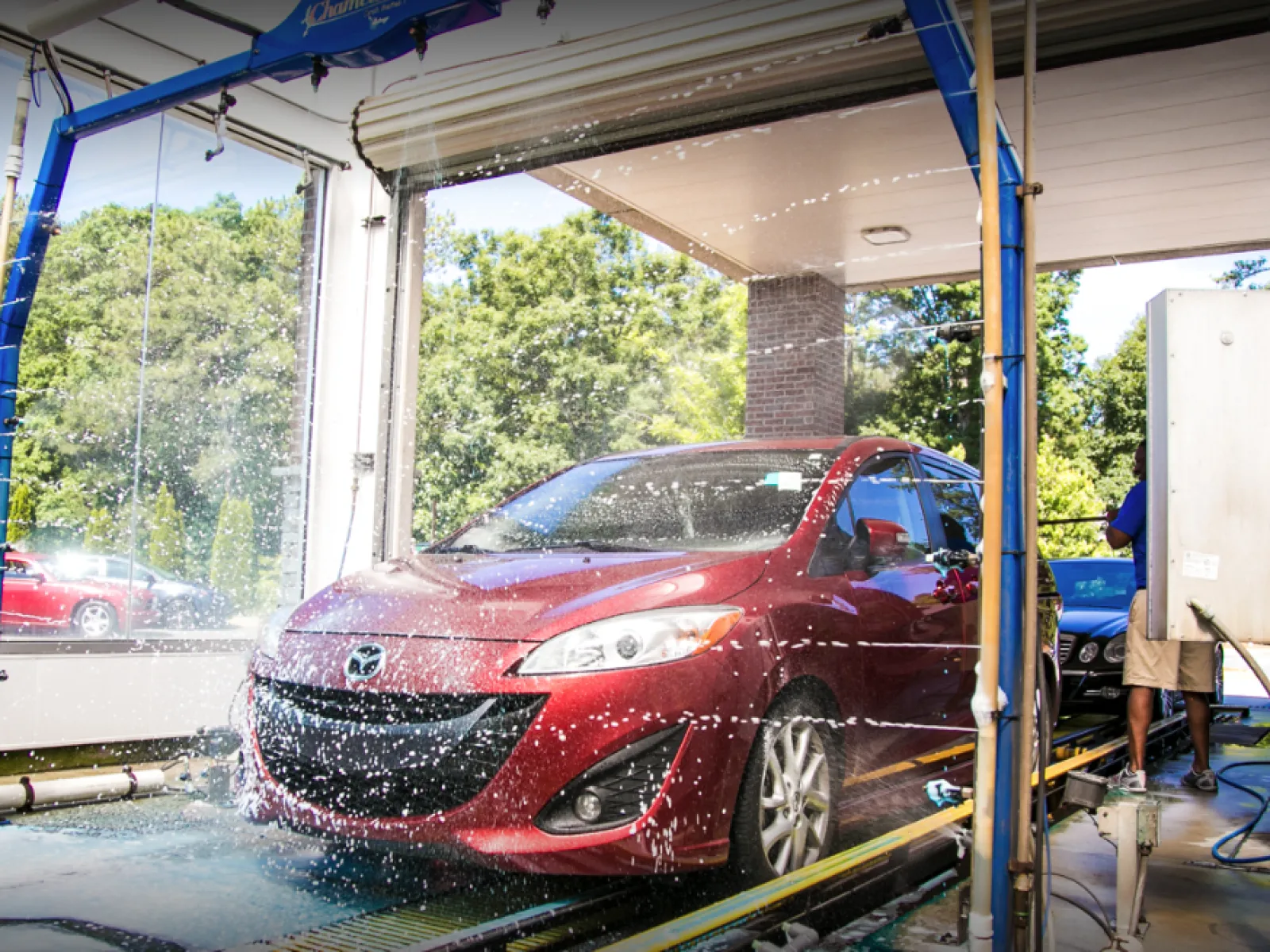 a red car in a garage