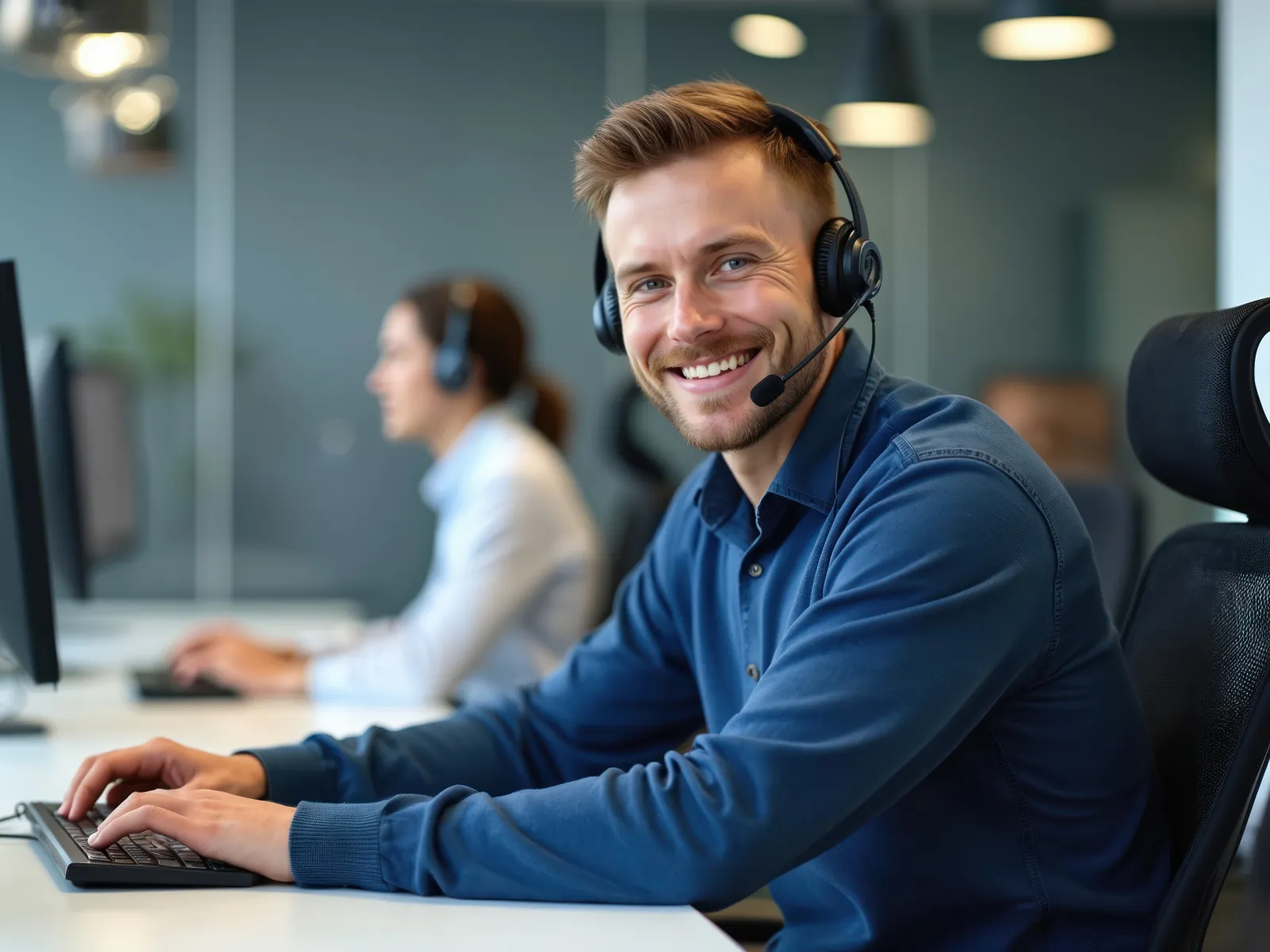 Smiling customer support agent wearing headset working on computer in modern office environment.