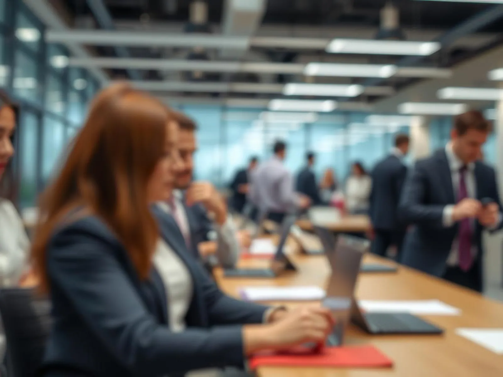 Blurry office scene with professionals working at desks and walking in a modern workspace environment.