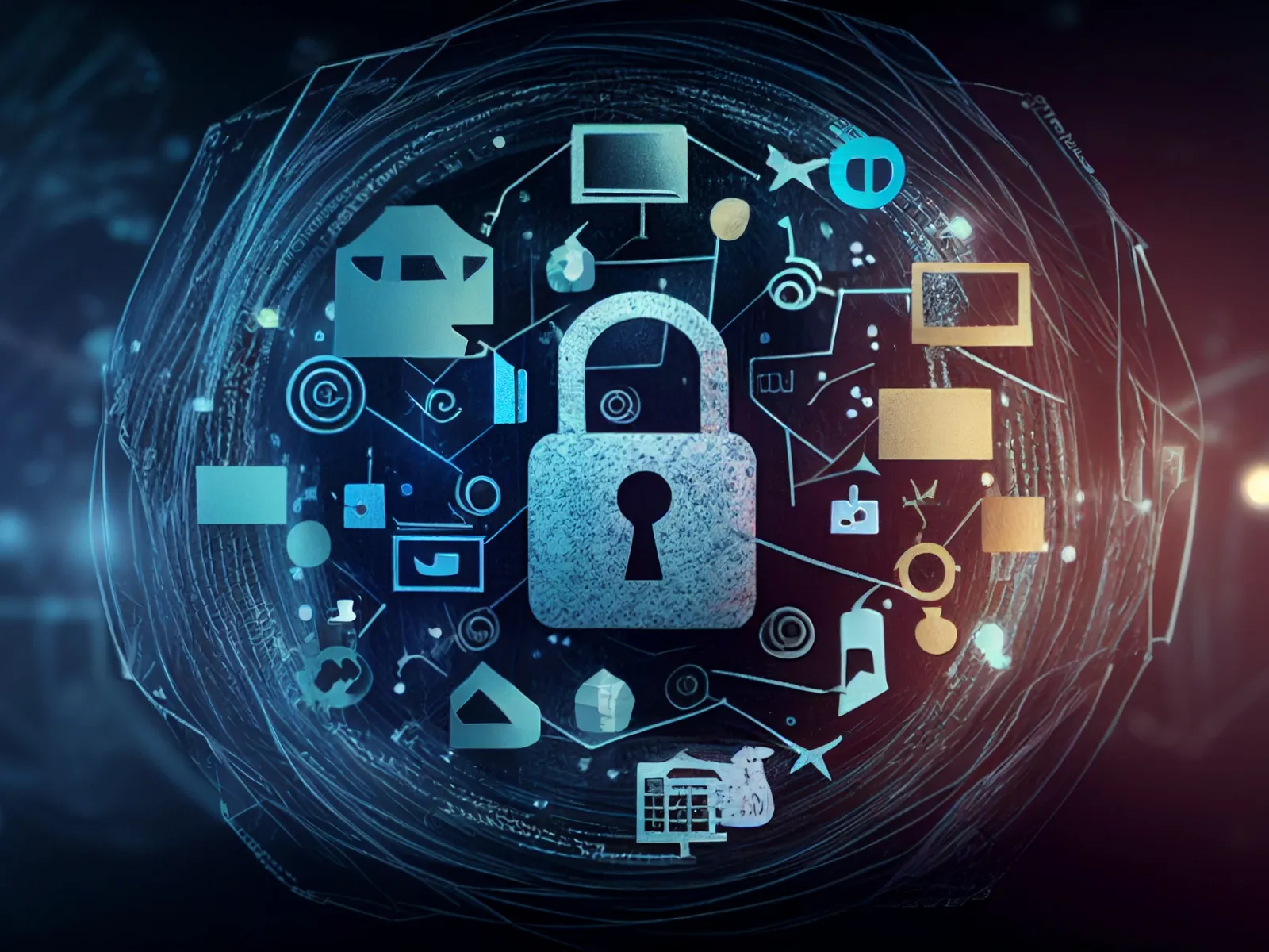 Digital padlock surrounded by icons representing secure data, connected devices, and online privacy concepts.