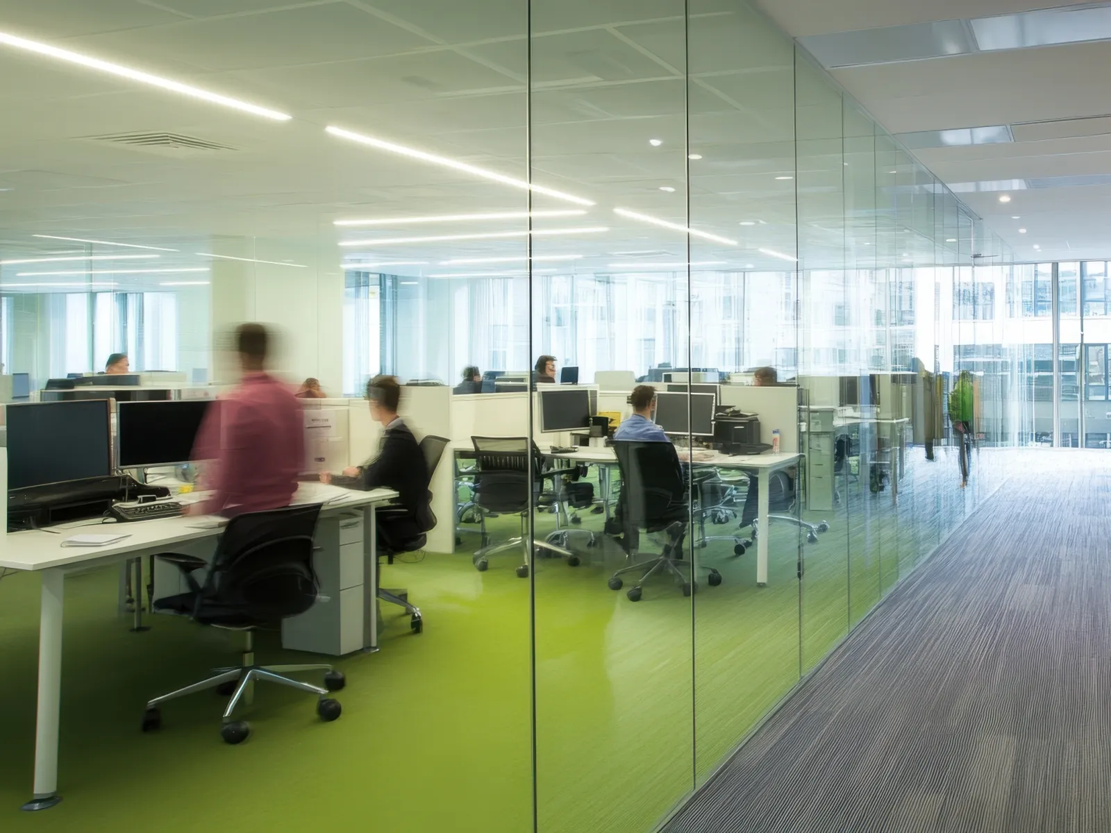 Modern office with employees working at desks behind glass walls and a woman walking in the hallway