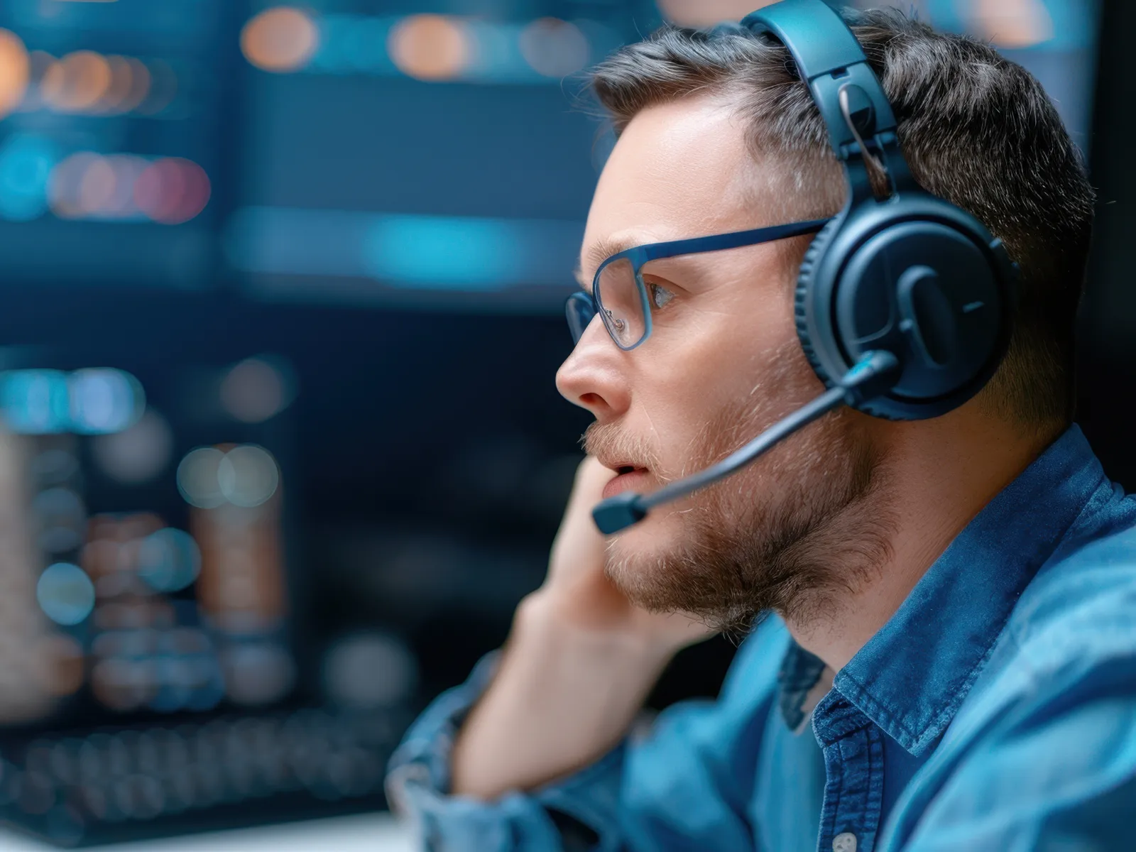 Man wearing headset and glasses working on computer with code on screen in a dark office environment.