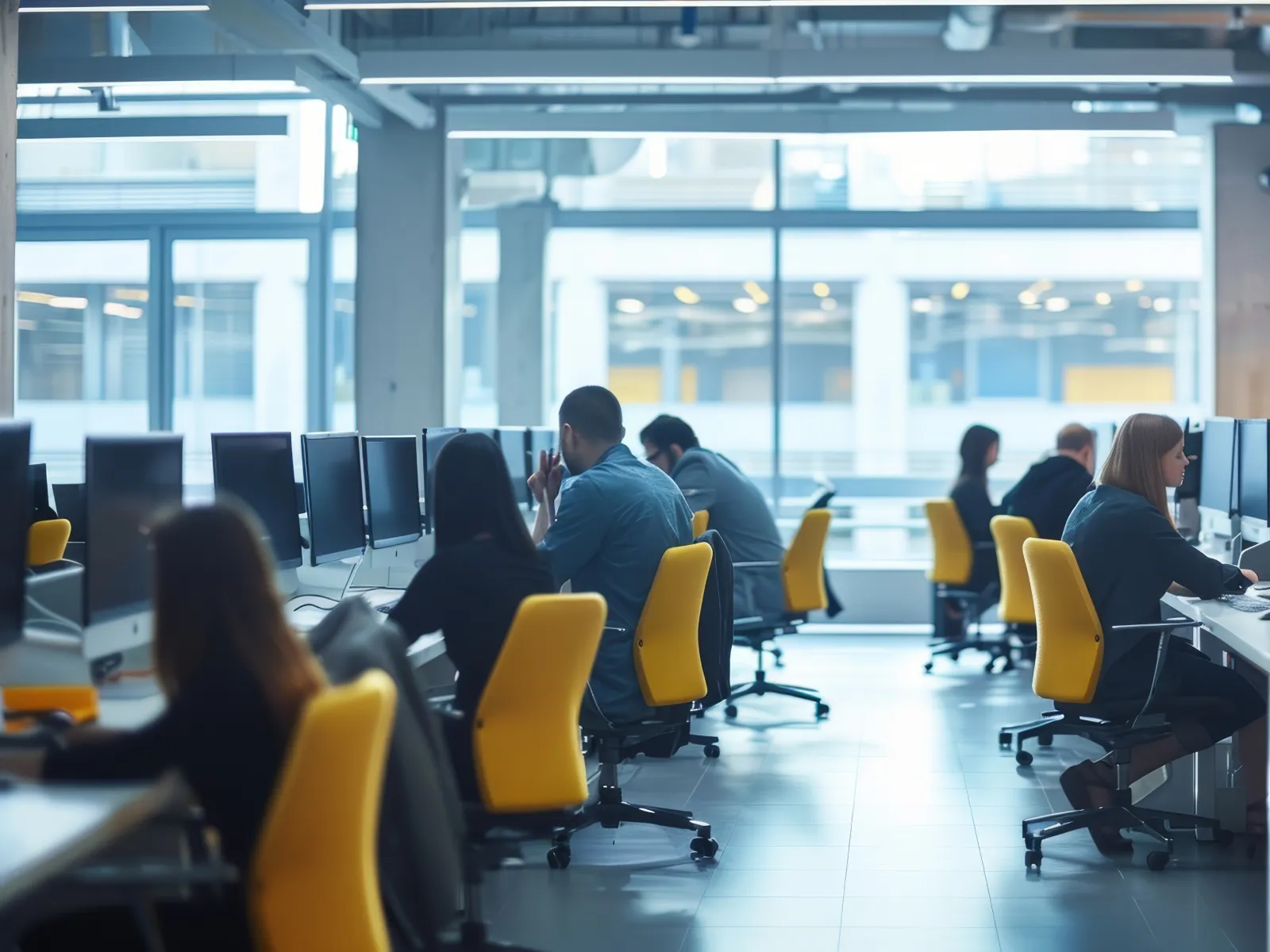 Modern office workspace with people working on computers in bright yellow chairs and large windows letting in natural light