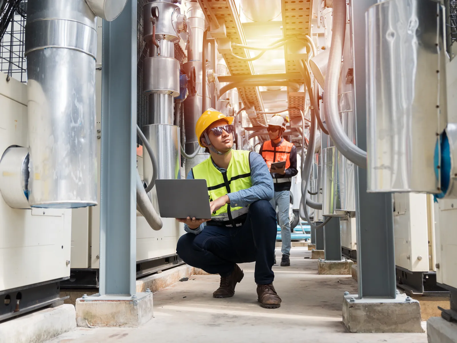 Engineer wearing safety gear inspects industrial equipment using a laptop in a large mechanical room.