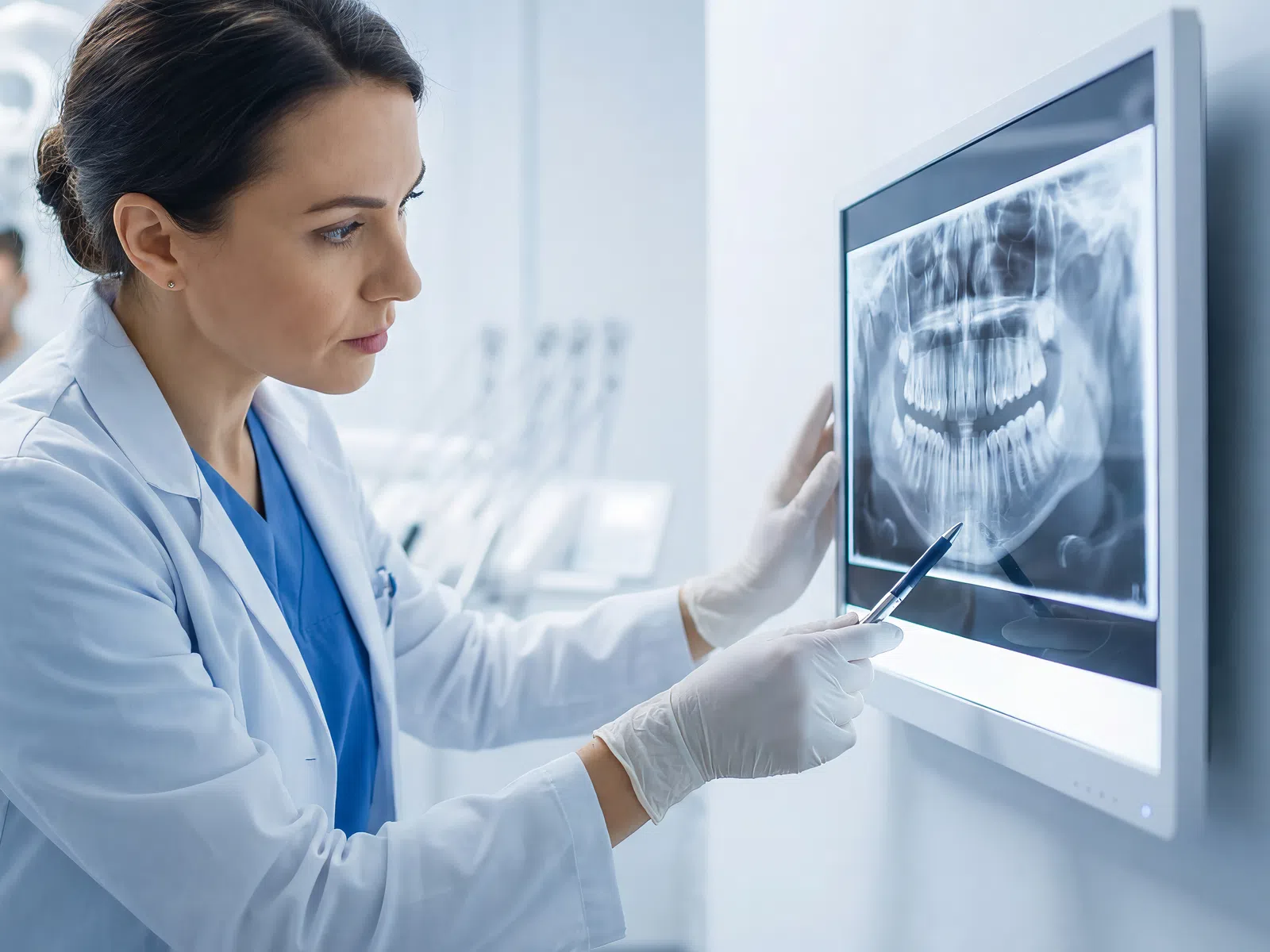 Female dentist examining dental X-ray image on a screen in a modern dental clinic.