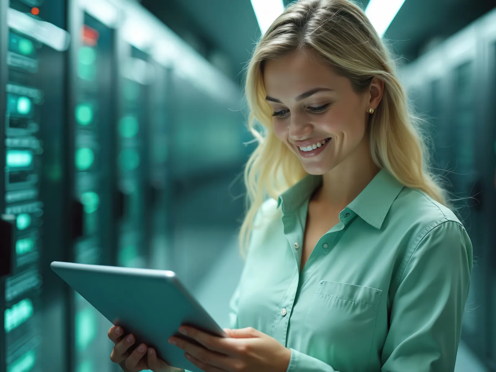Smiling woman using tablet in data center with server racks and green lights in background