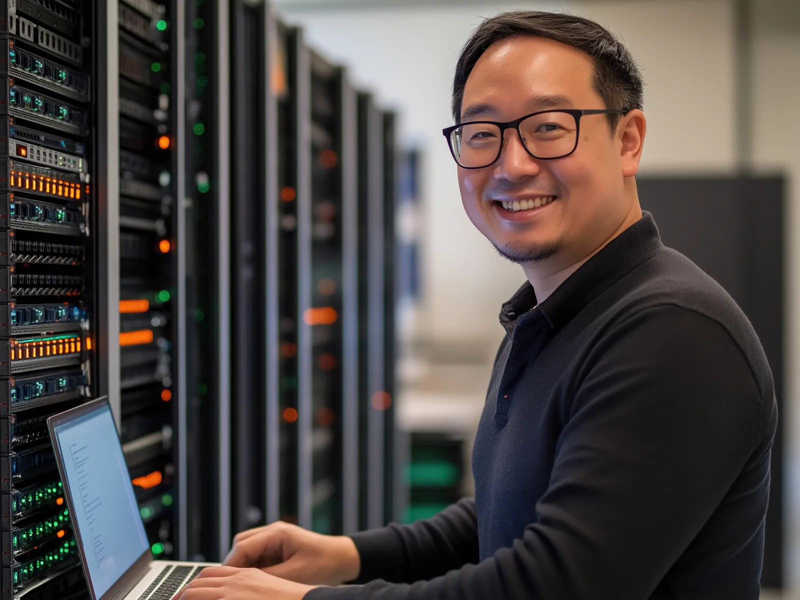 Smiling IT technician working on a laptop in a server room with rows of data racks and blinking lights