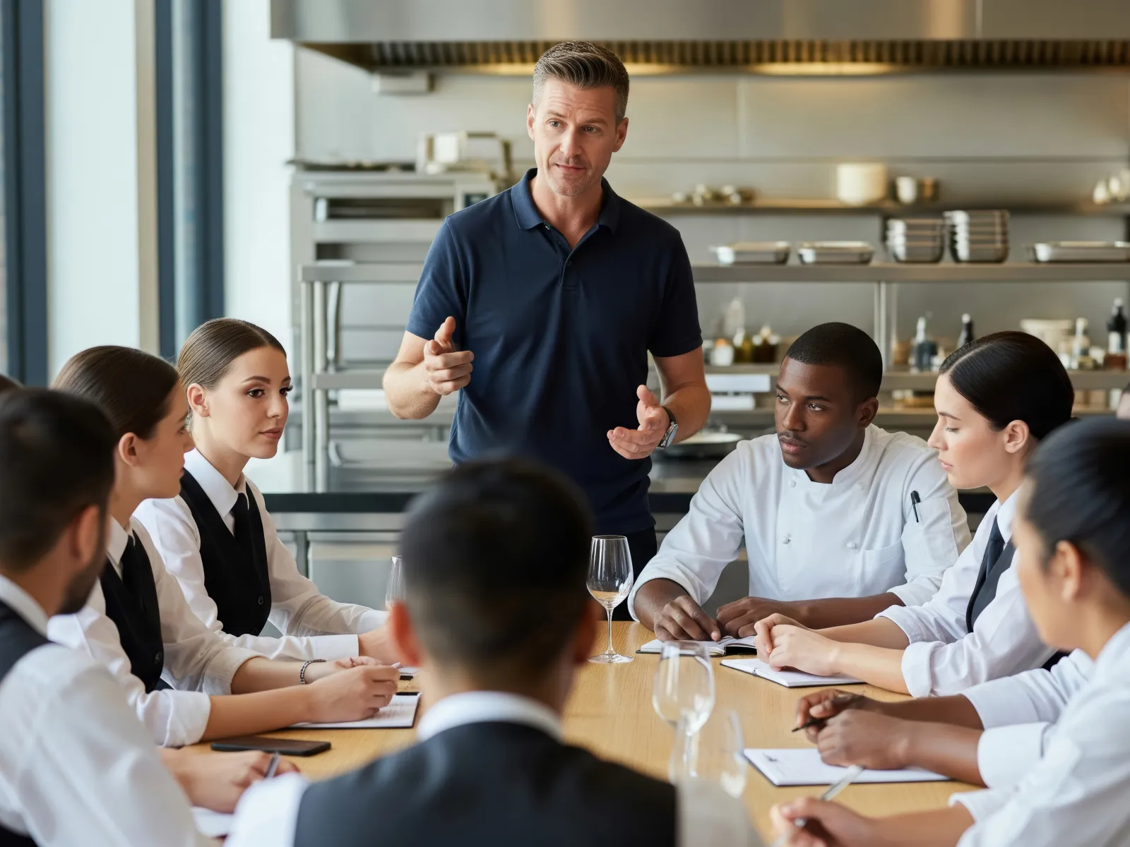 Chef giving a briefing to restaurant staff in a commercial kitchen meeting around a table.