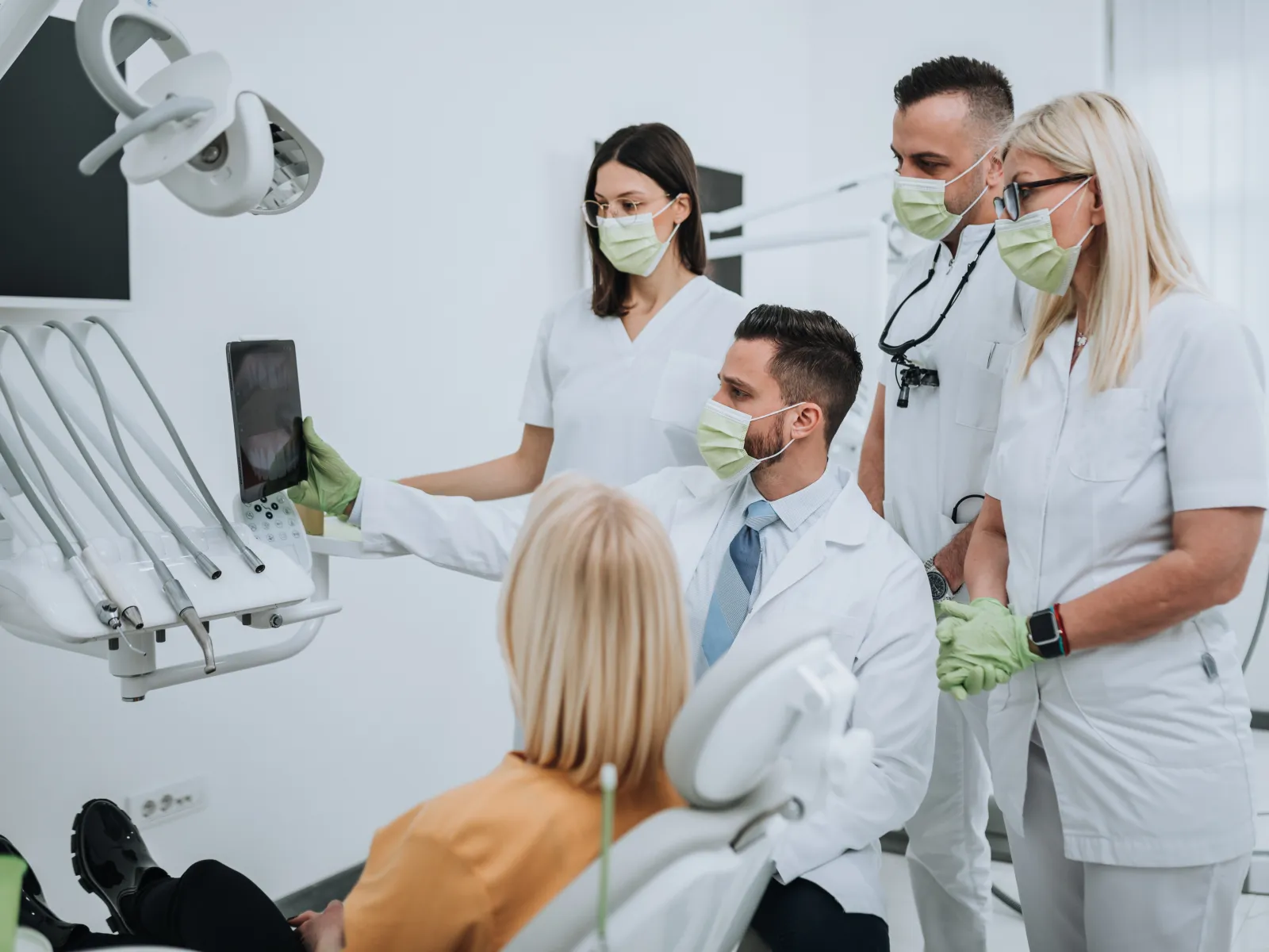 Dental team wearing masks reviewing a dental X-ray with a patient seated in the clinic chair.