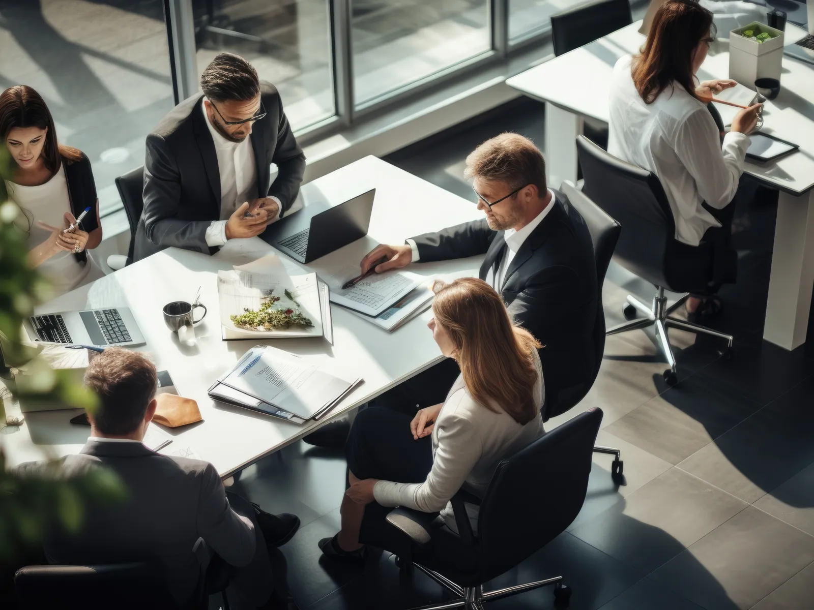 Business team in formal attire collaborating at a modern office table with laptops and documents