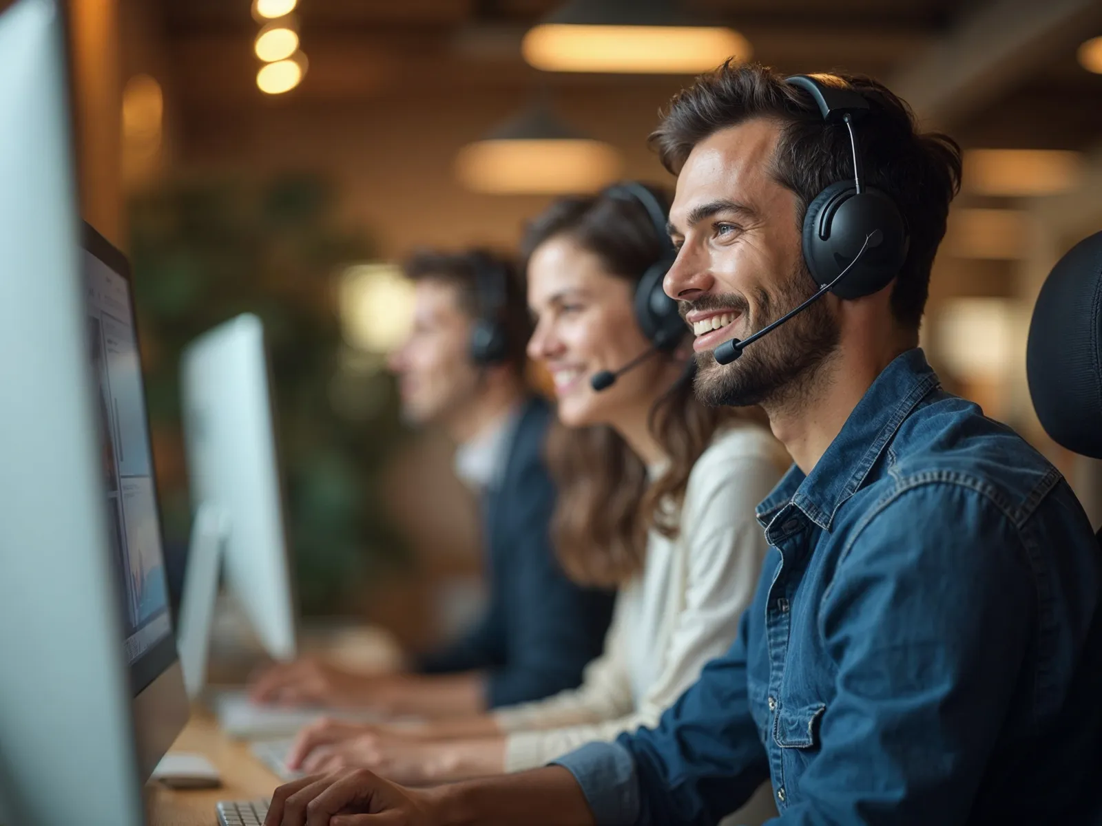 Happy customer service team wearing headsets working at computers in a modern office environment.