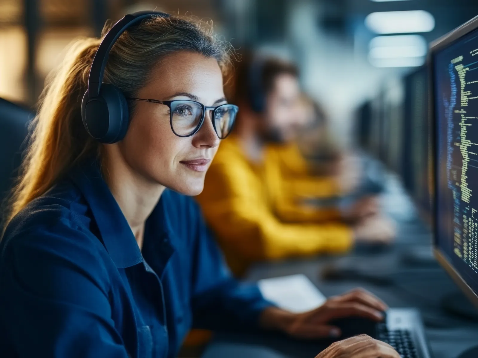 Woman wearing glasses and headphones working on coding at a computer in an office with colleagues.