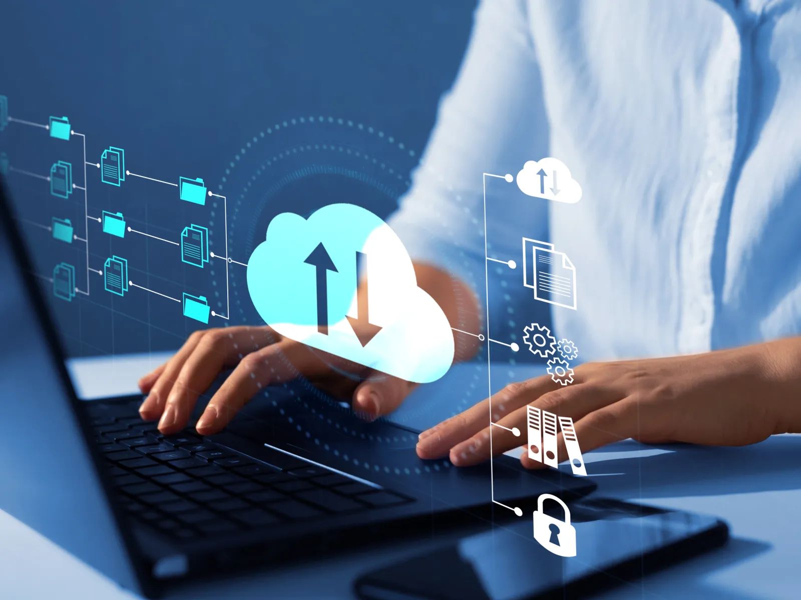 Person typing on laptop with digital cloud storage icons representing data upload and security