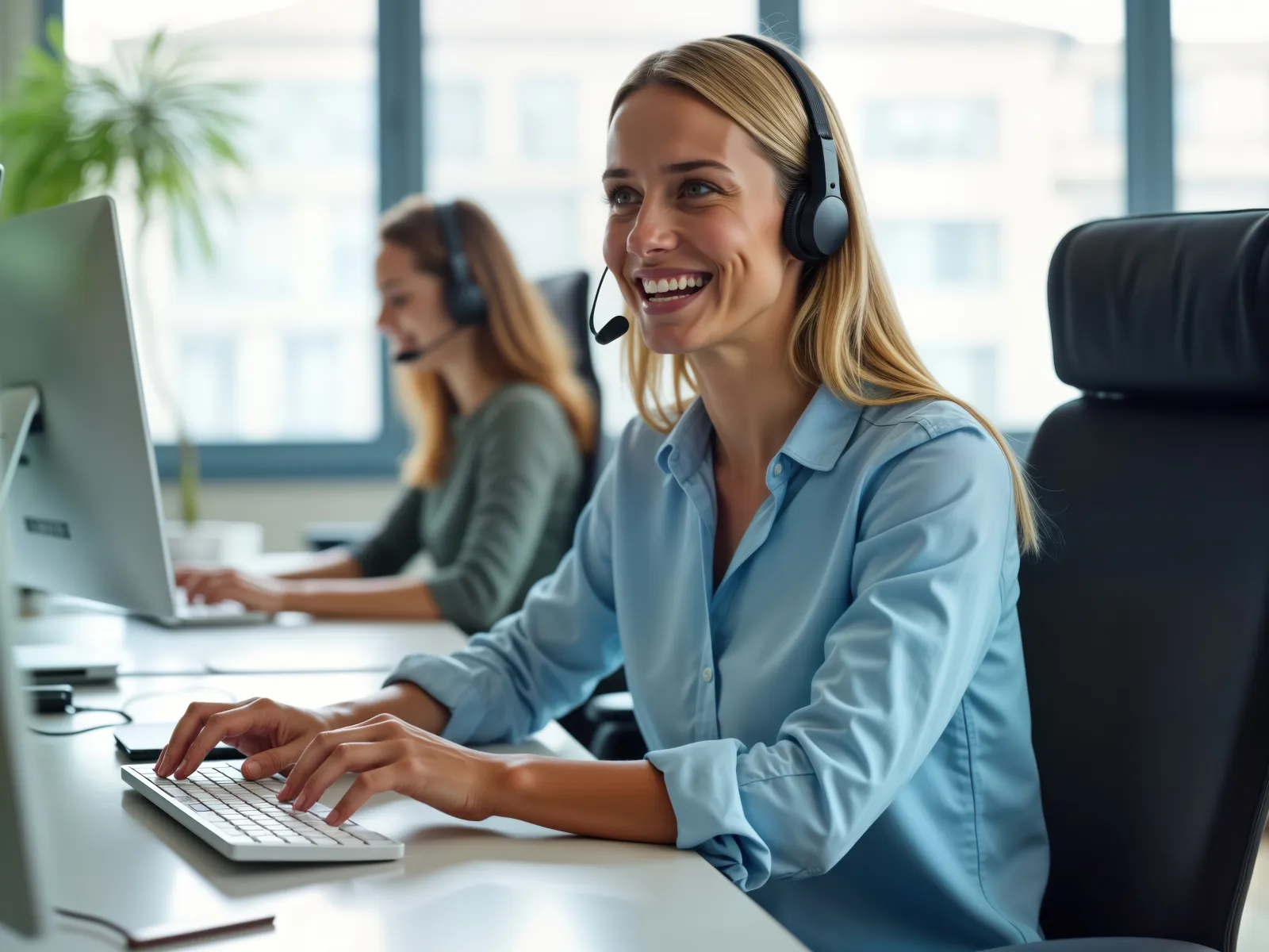 Smiling female customer service representative wearing headset typing at computer in modern office.