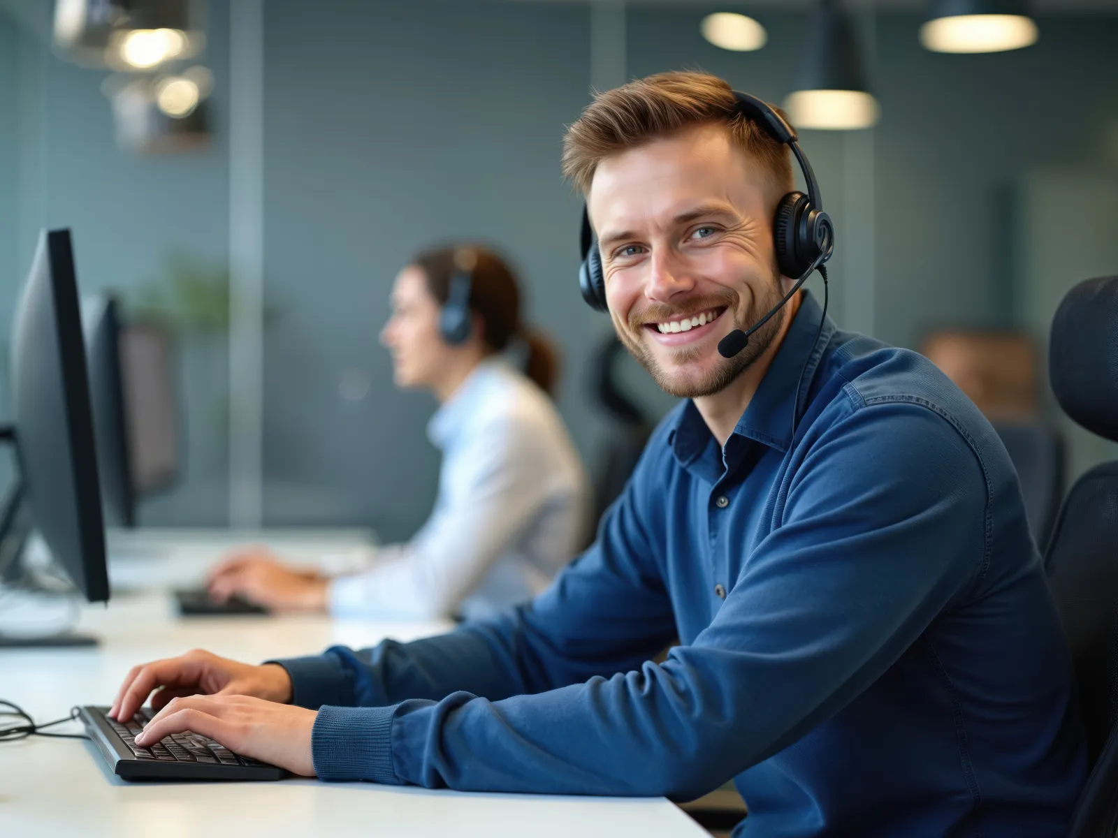 Smiling male customer support agent wearing headset working at computer in modern office environment.
