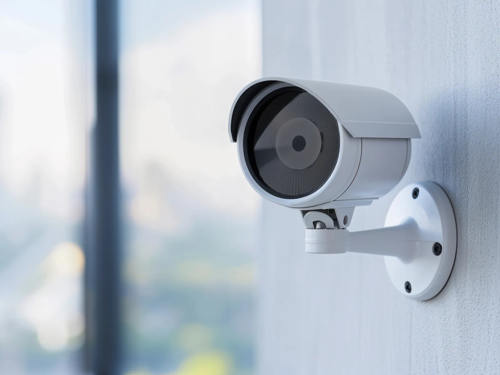 White security camera mounted on wall with blurred cityscape background, symbolizing surveillance and safety.