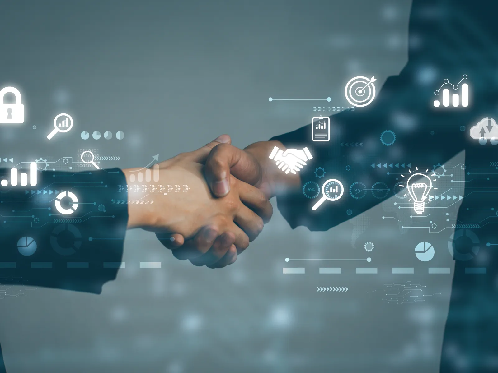 Business handshake with digital icons representing data, security, and success in partnership and growth.