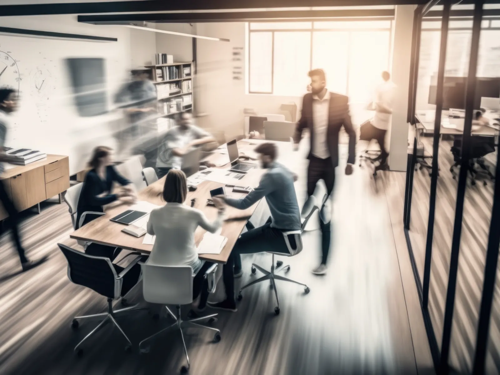 Busy modern office with people collaborating around a table and walking, bathed in natural sunlight.