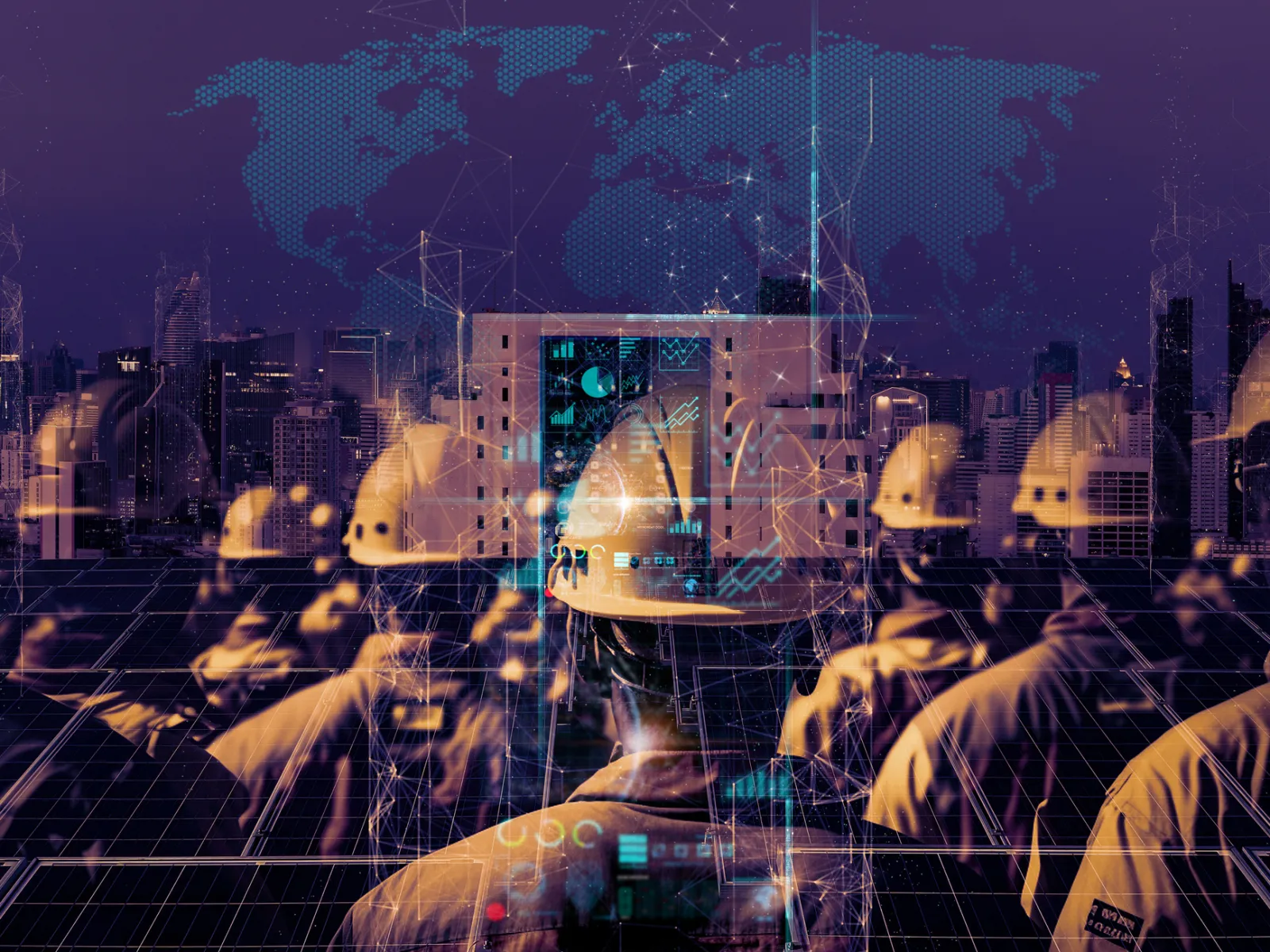Engineers in hard hats overseeing smart city development with digital world map and futuristic data visuals.
