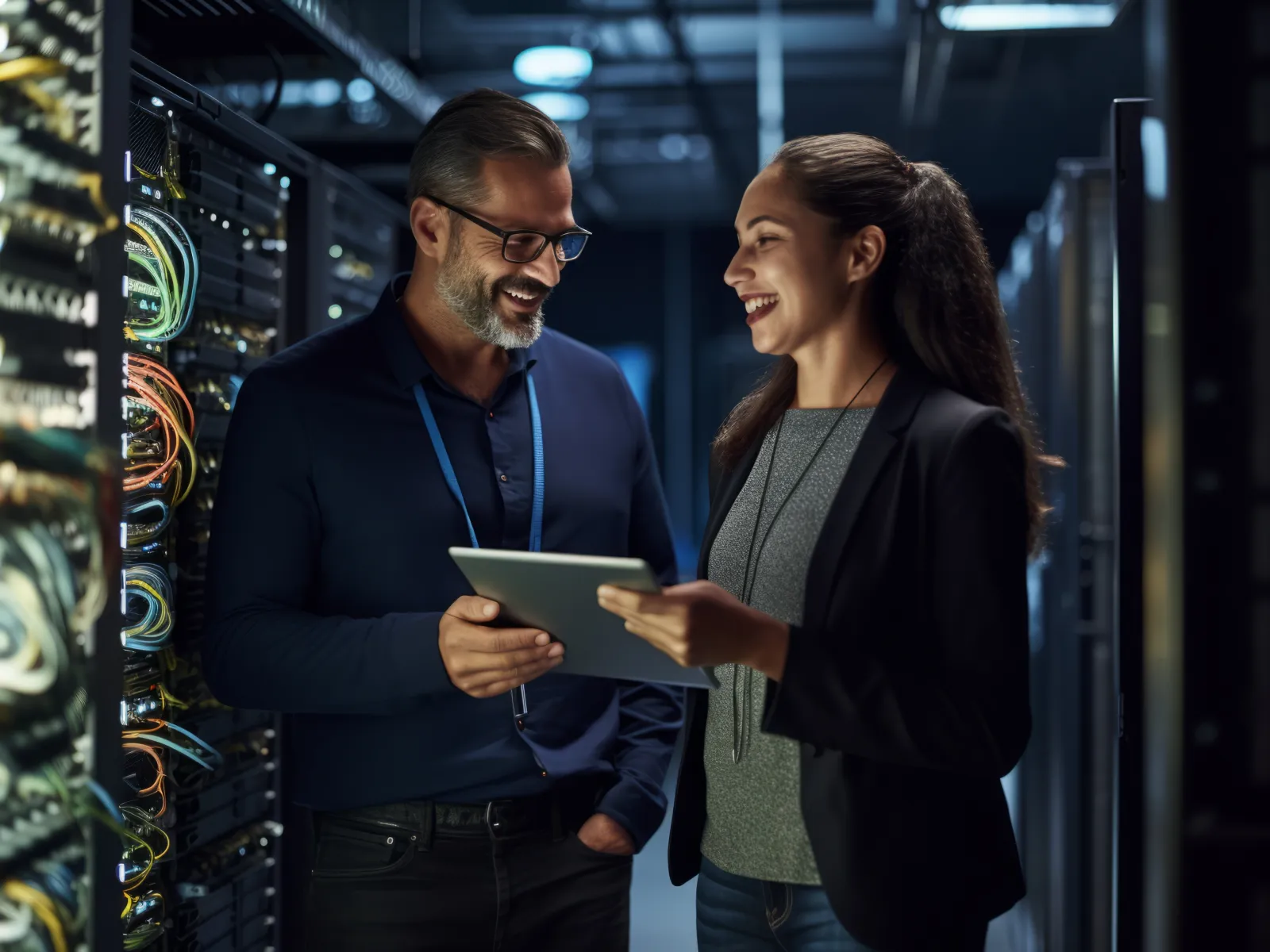 Two IT professionals smiling and collaborating in a server room with network equipment and cables.