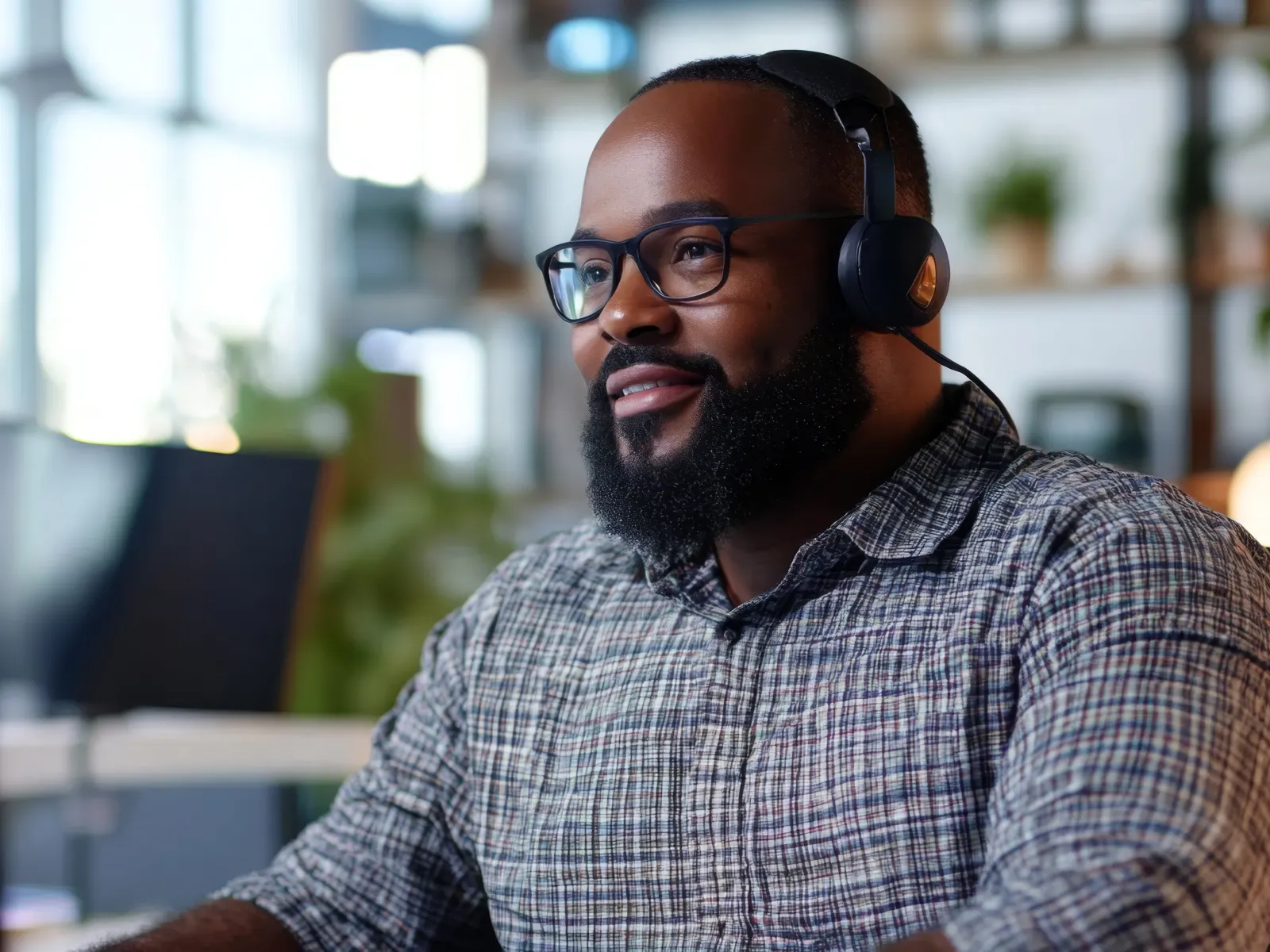 Man with glasses and a headset smiling while working at a desk with a computer.