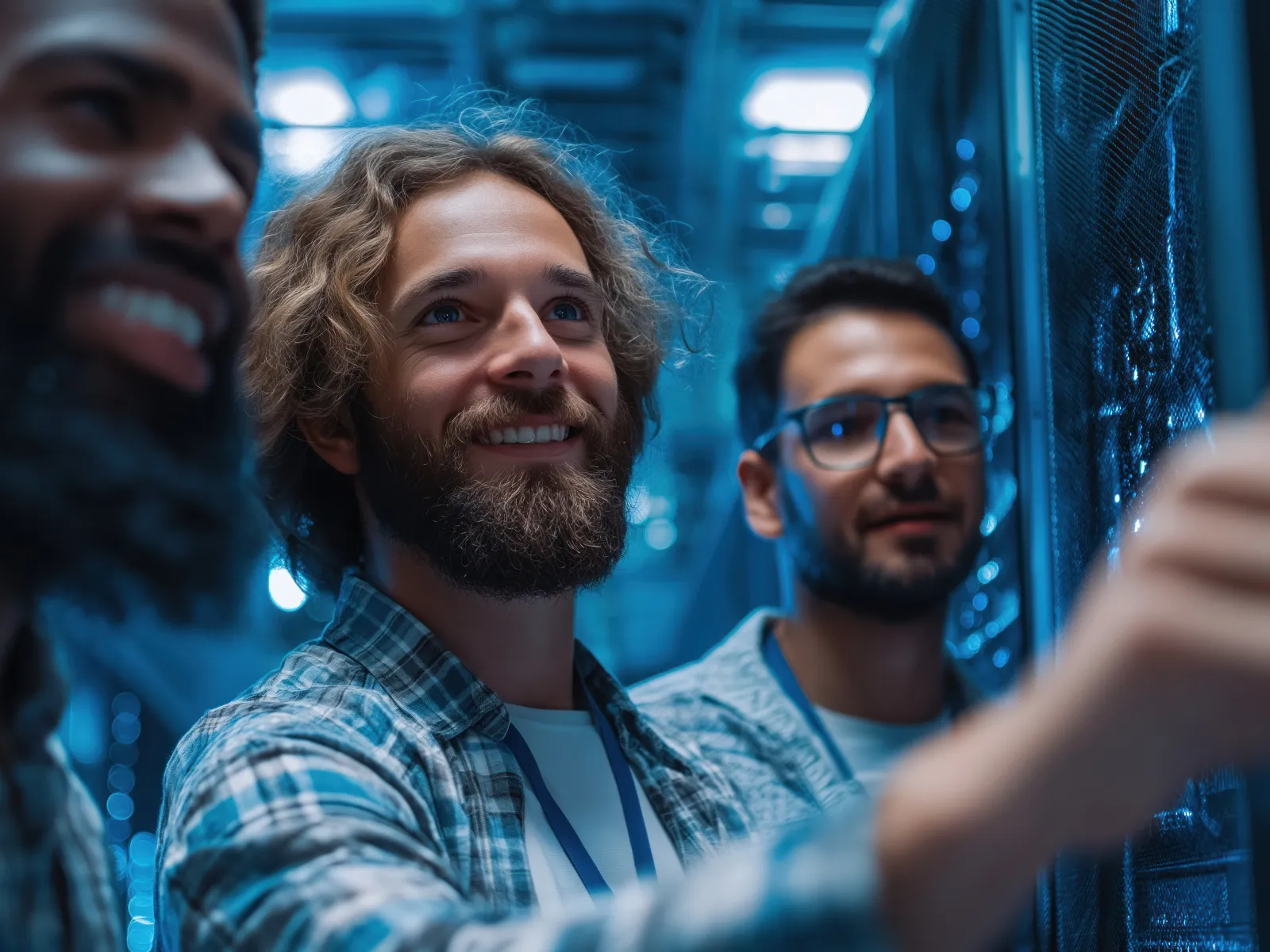 Three IT professionals collaborating and smiling while working in a modern server room with blue lighting.