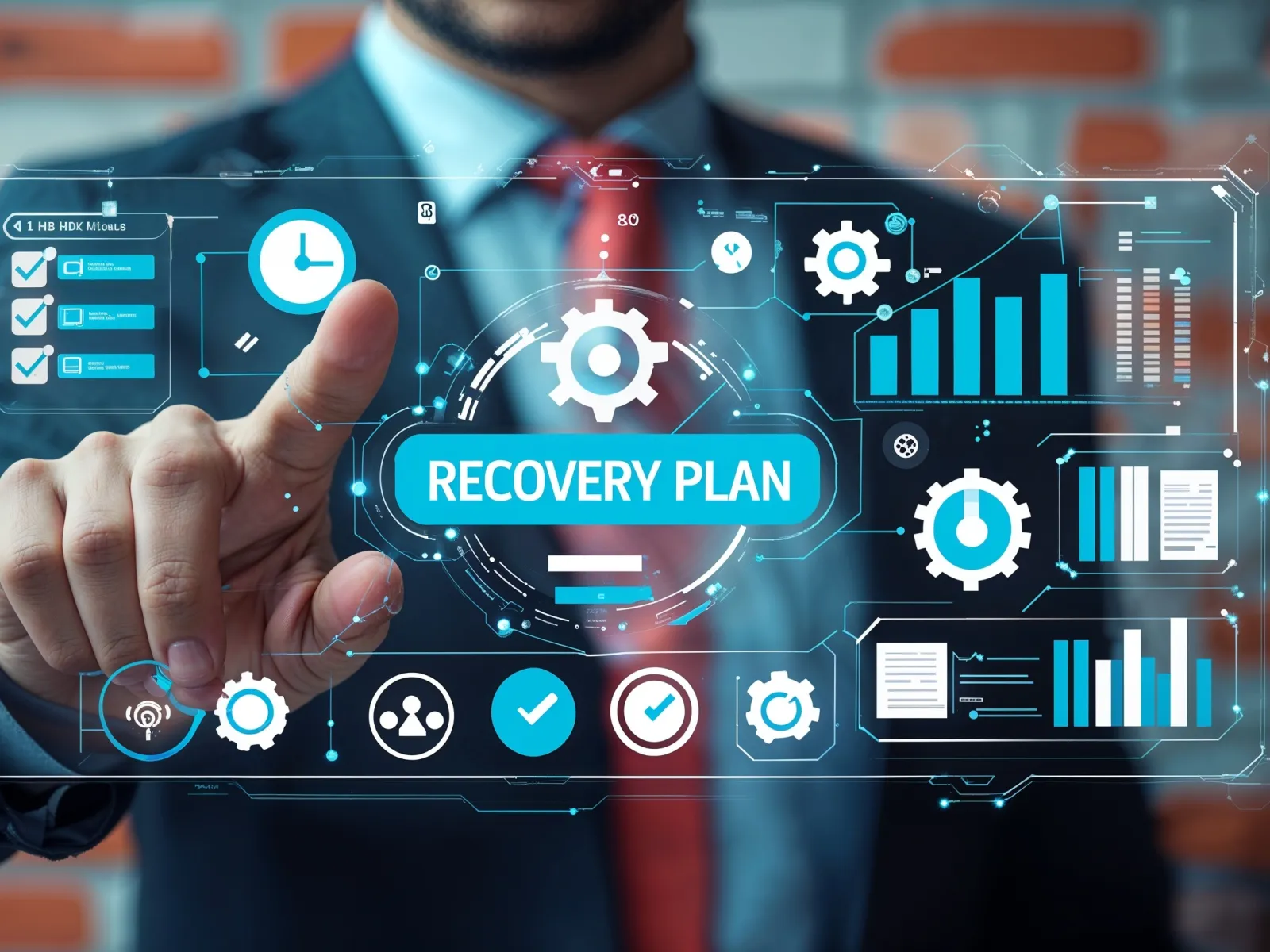 Businessman in suit interacting with virtual recovery plan interface displaying charts and gears.