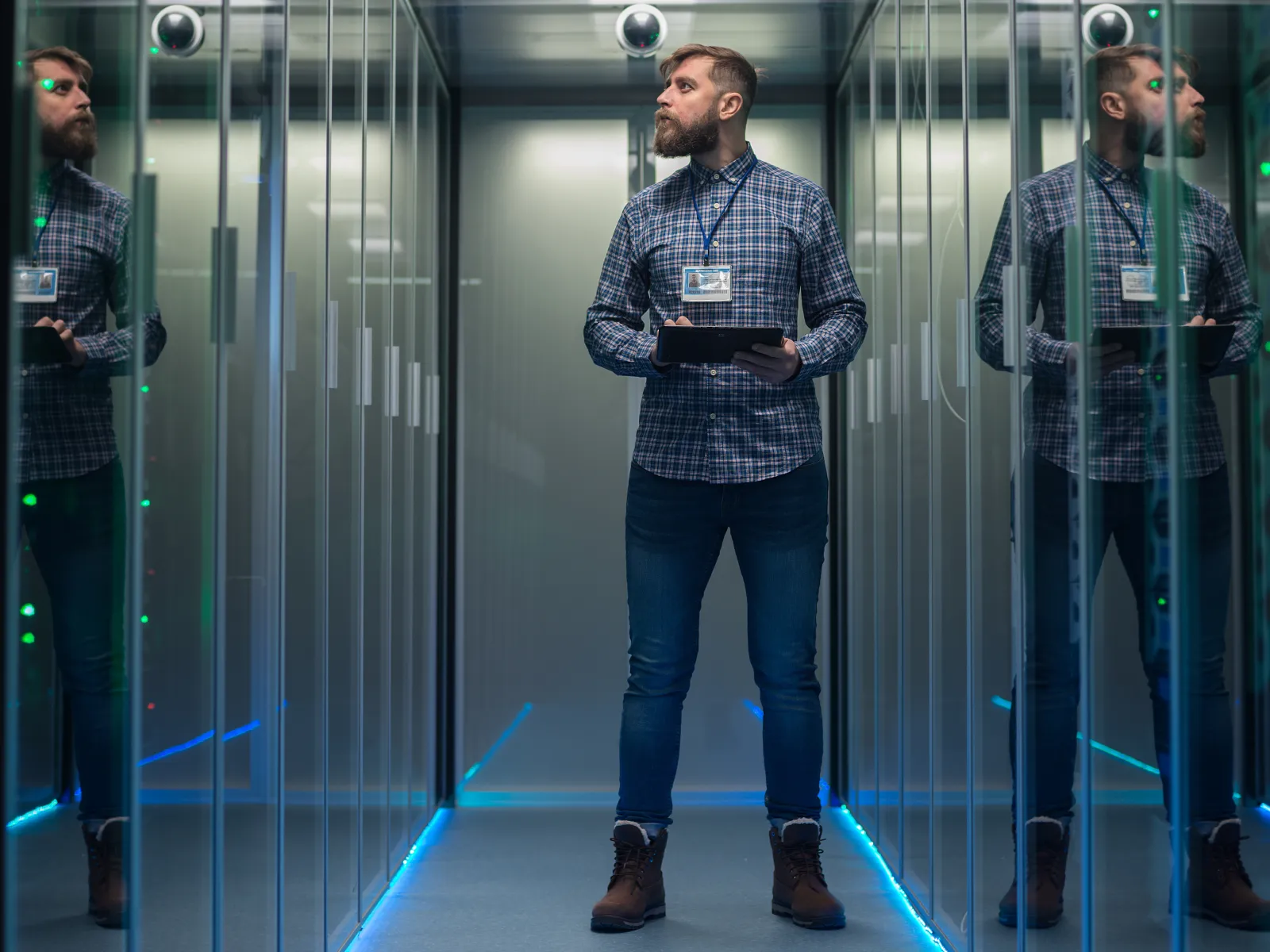 a person standing in a room with lockers