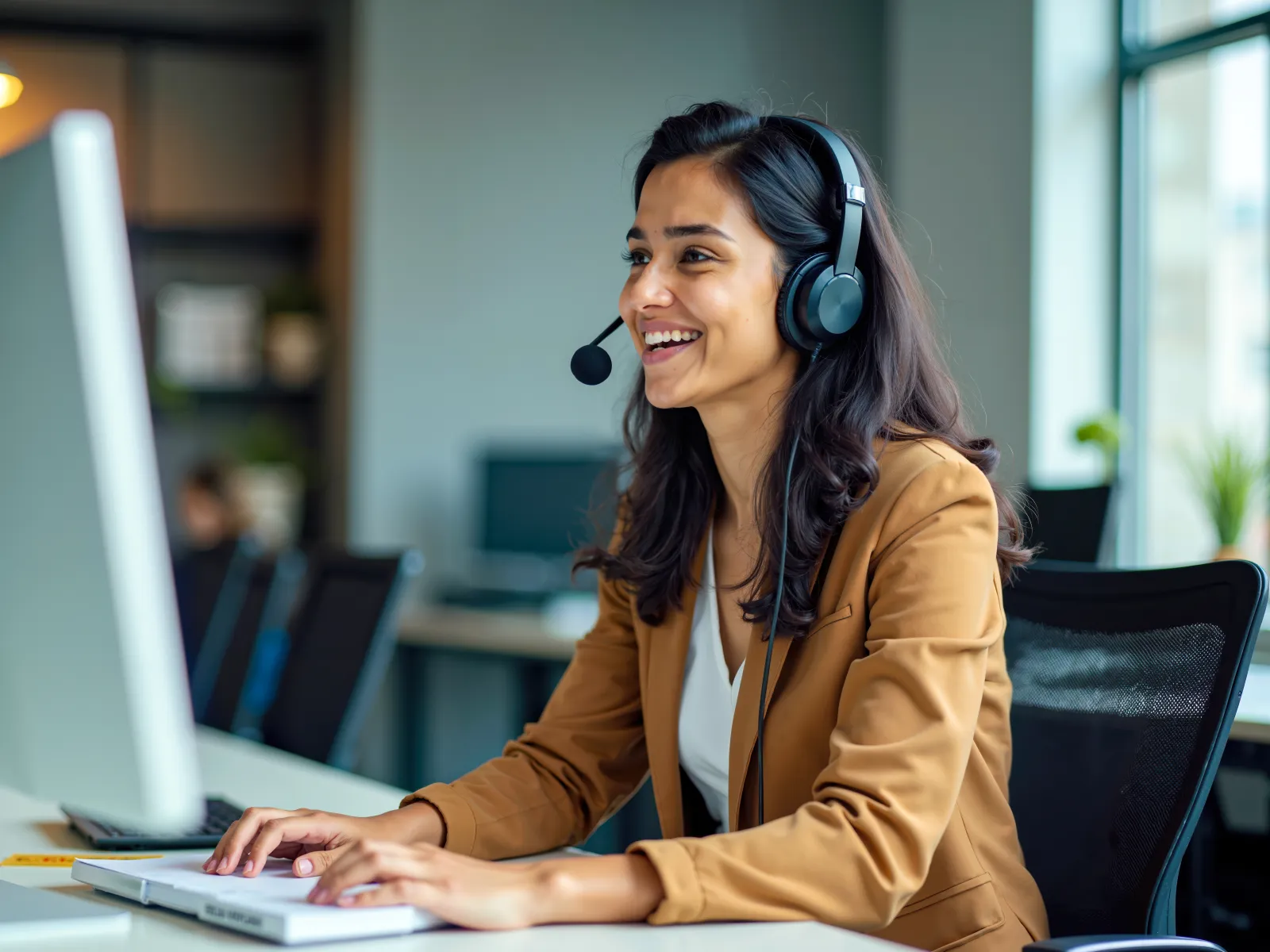 a woman wearing headphones and sitting at a desk with a computer
