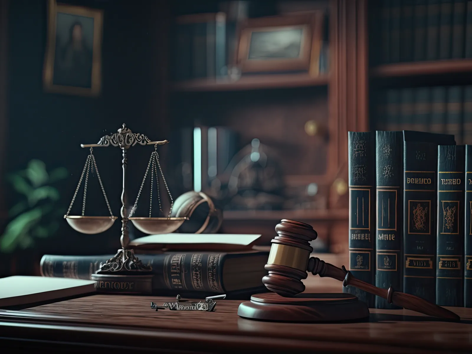 A law office desk featuring a gavel, scales of justice, and law books for a legal setting.