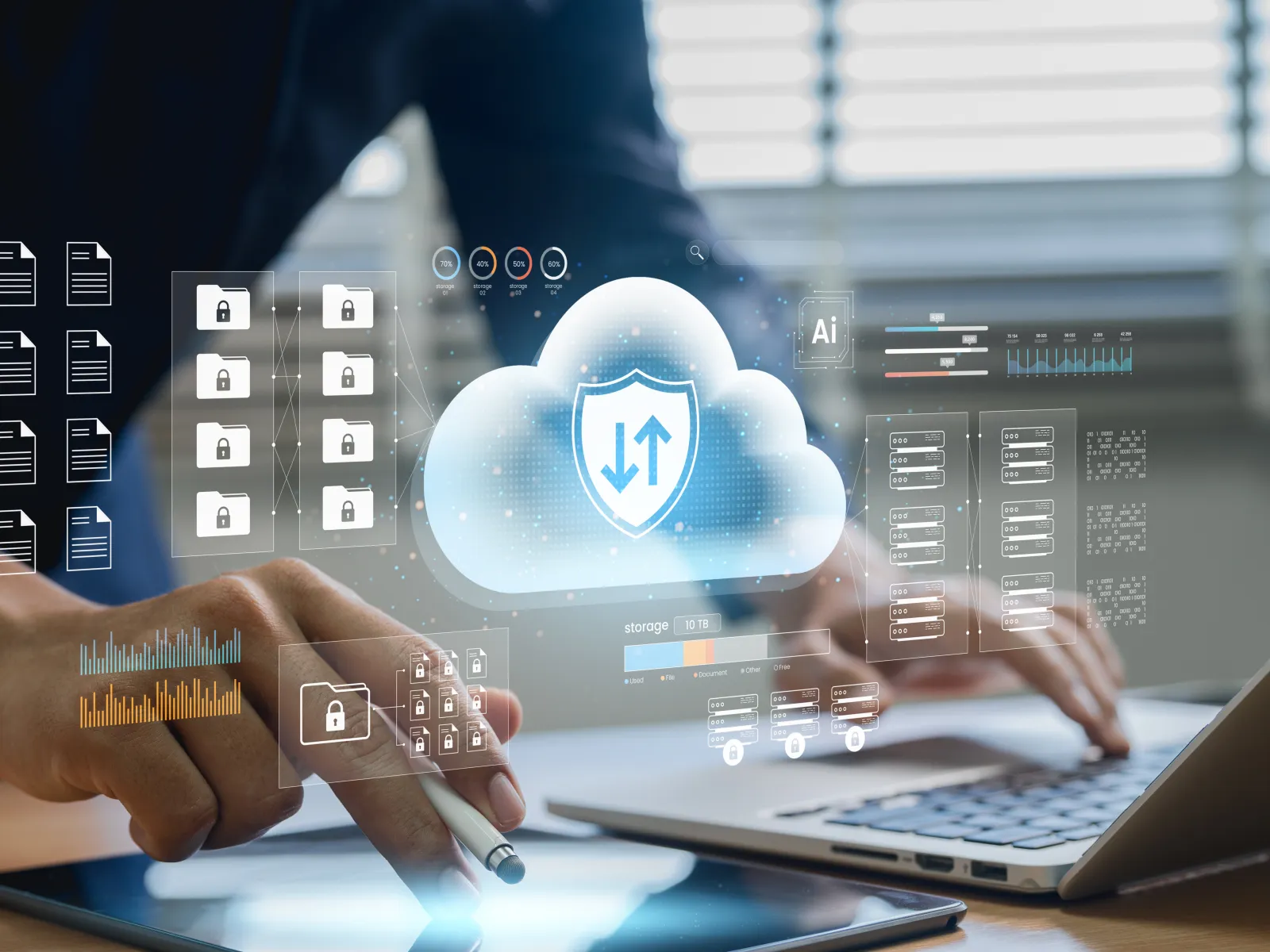 Hands interacting with cloud technology, digital security, and data management graphics.