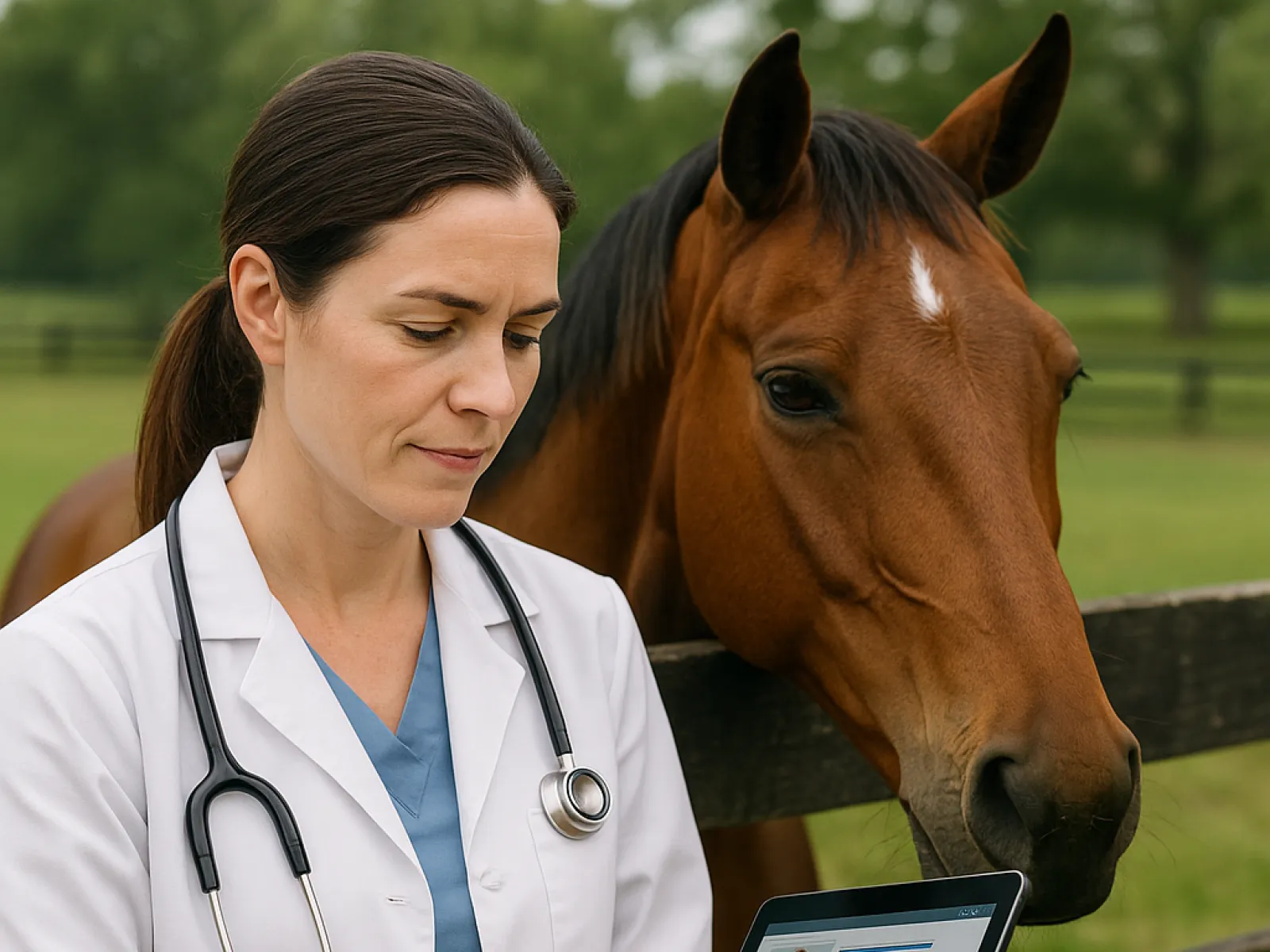 Veterinarian with stethoscope using tablet near brown horse by wooden fence in outdoor farm setting