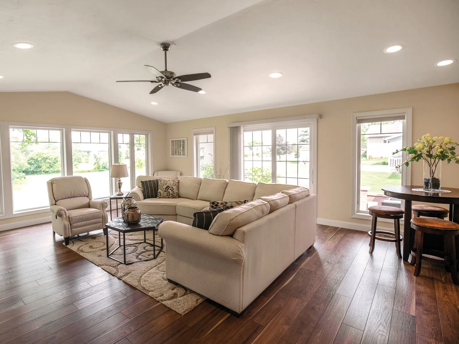 a living room with a large window