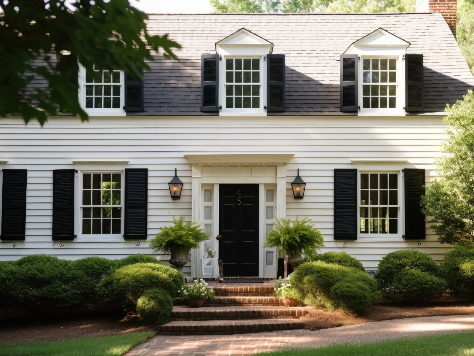 a house with bushes and trees