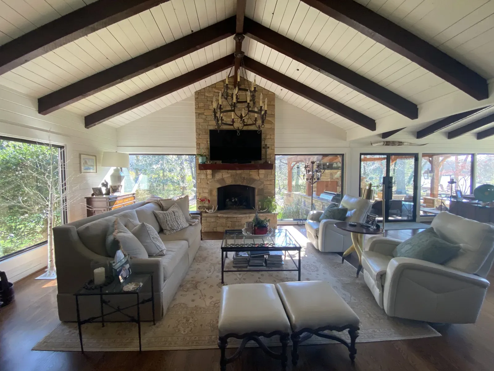 a living room with a fireplace