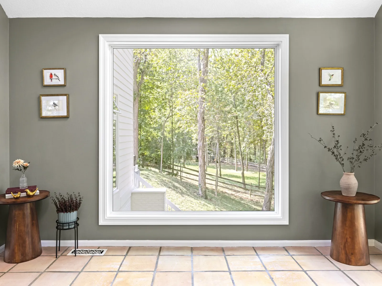 a room with wood tables with plants and a large picture window overlooking backyard with trees a