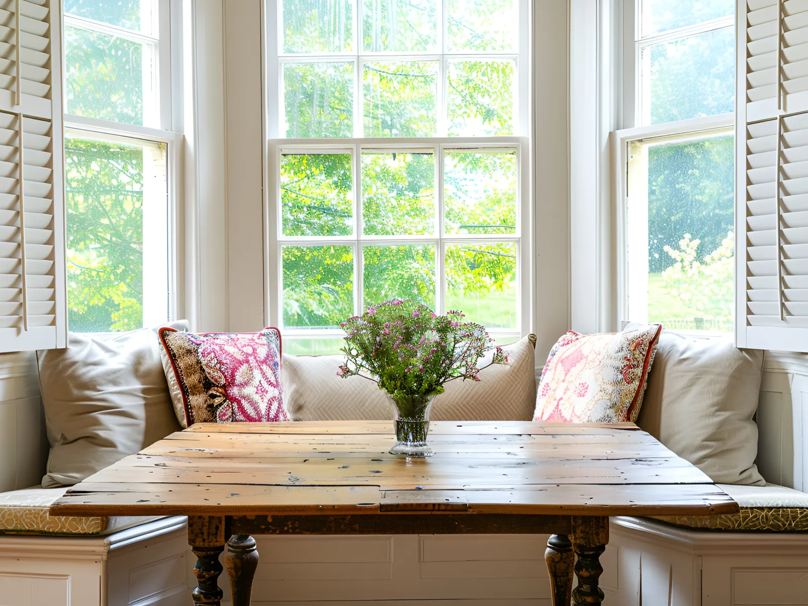 a living room with a table and chairs in front of double hung windows