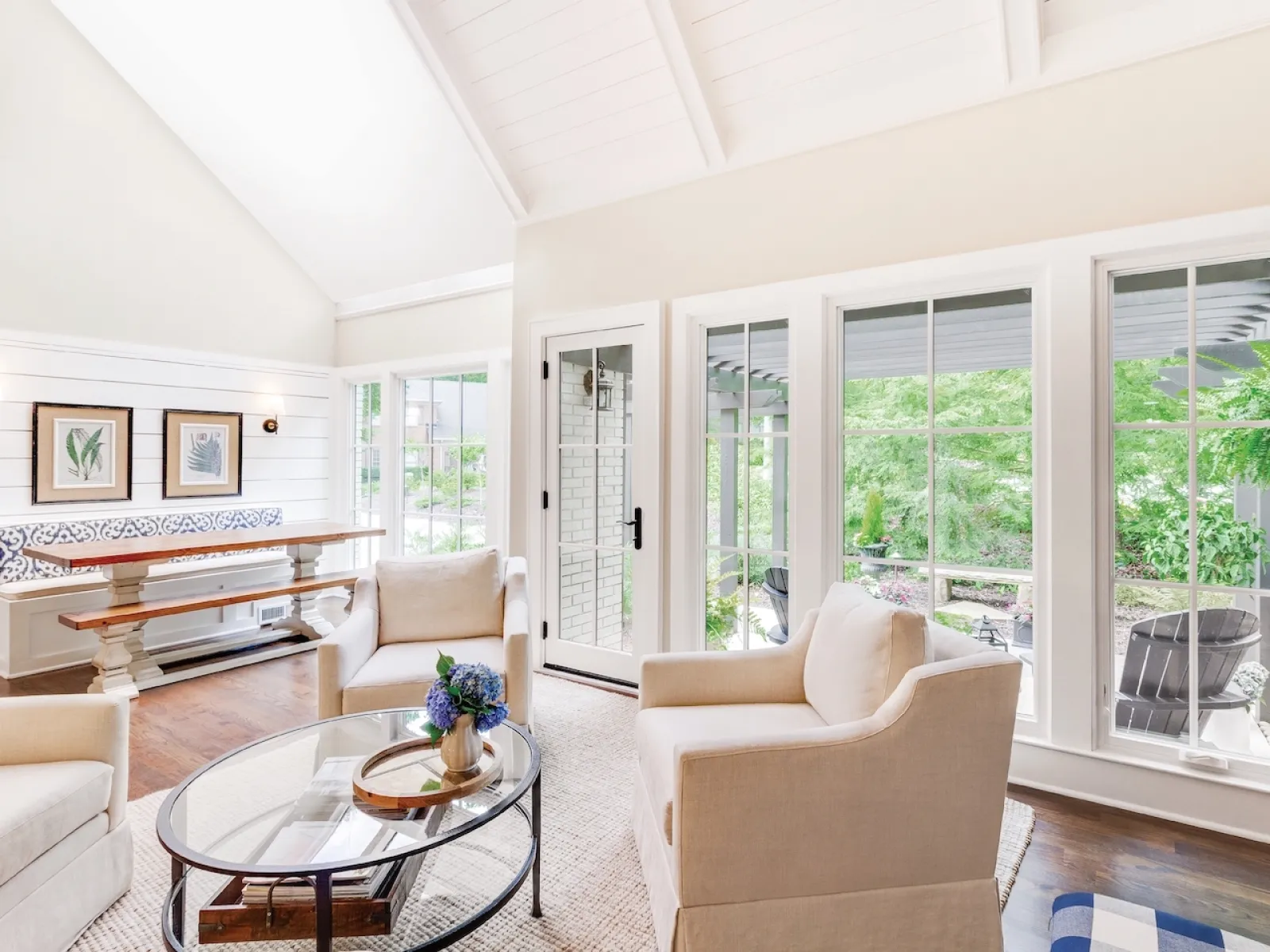 a living room with a large glass door