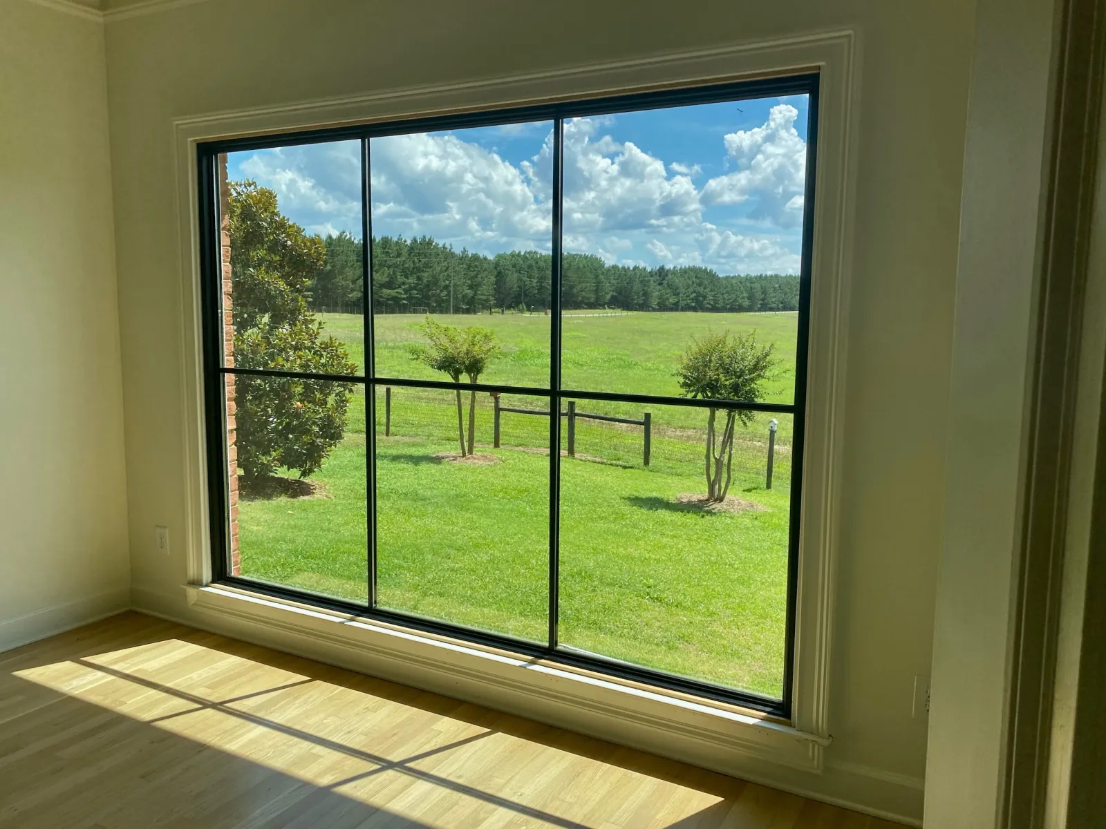 Black fiberglass picture window replacement installed overlooking a field
