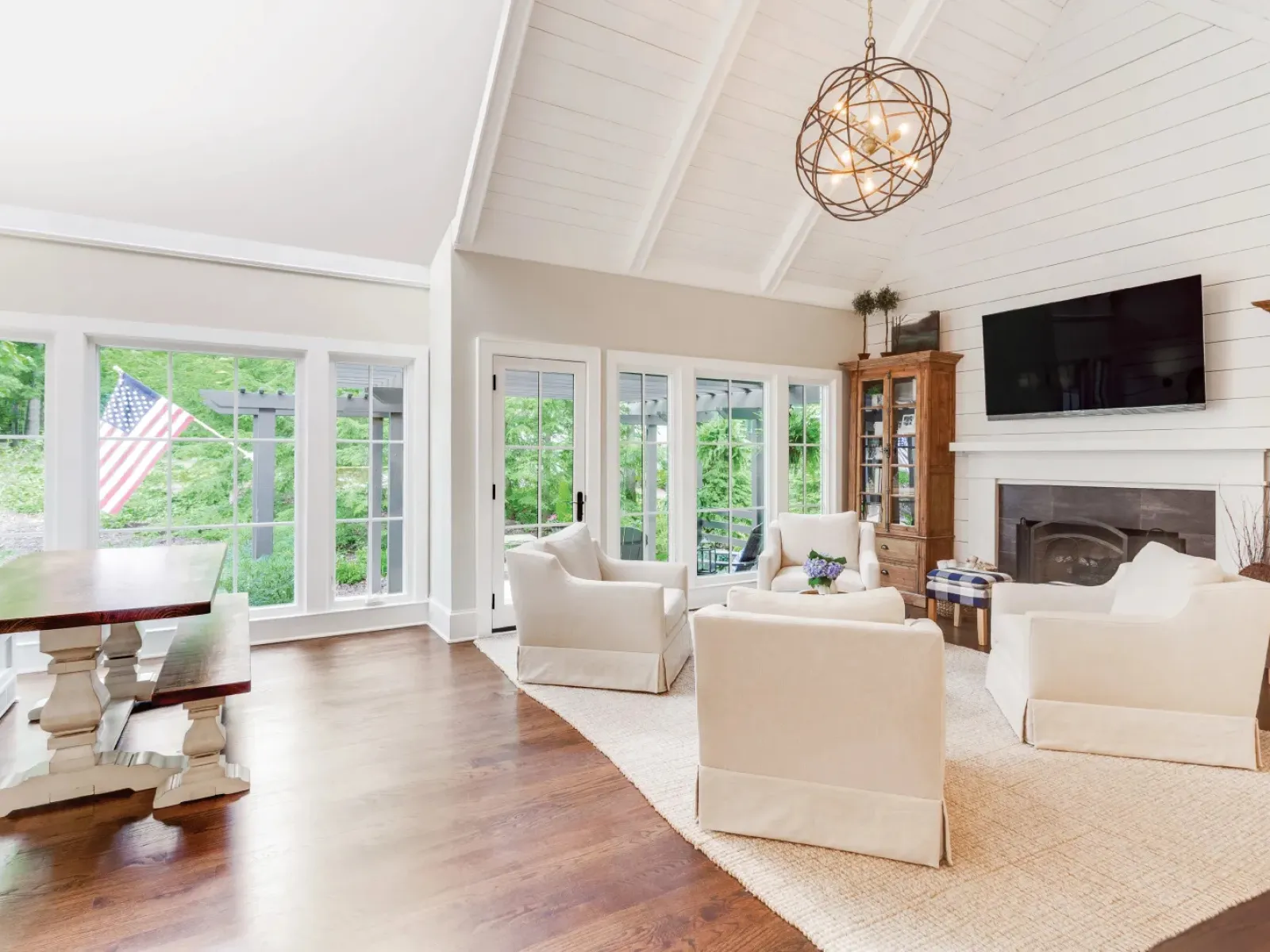 a living room with a fireplace