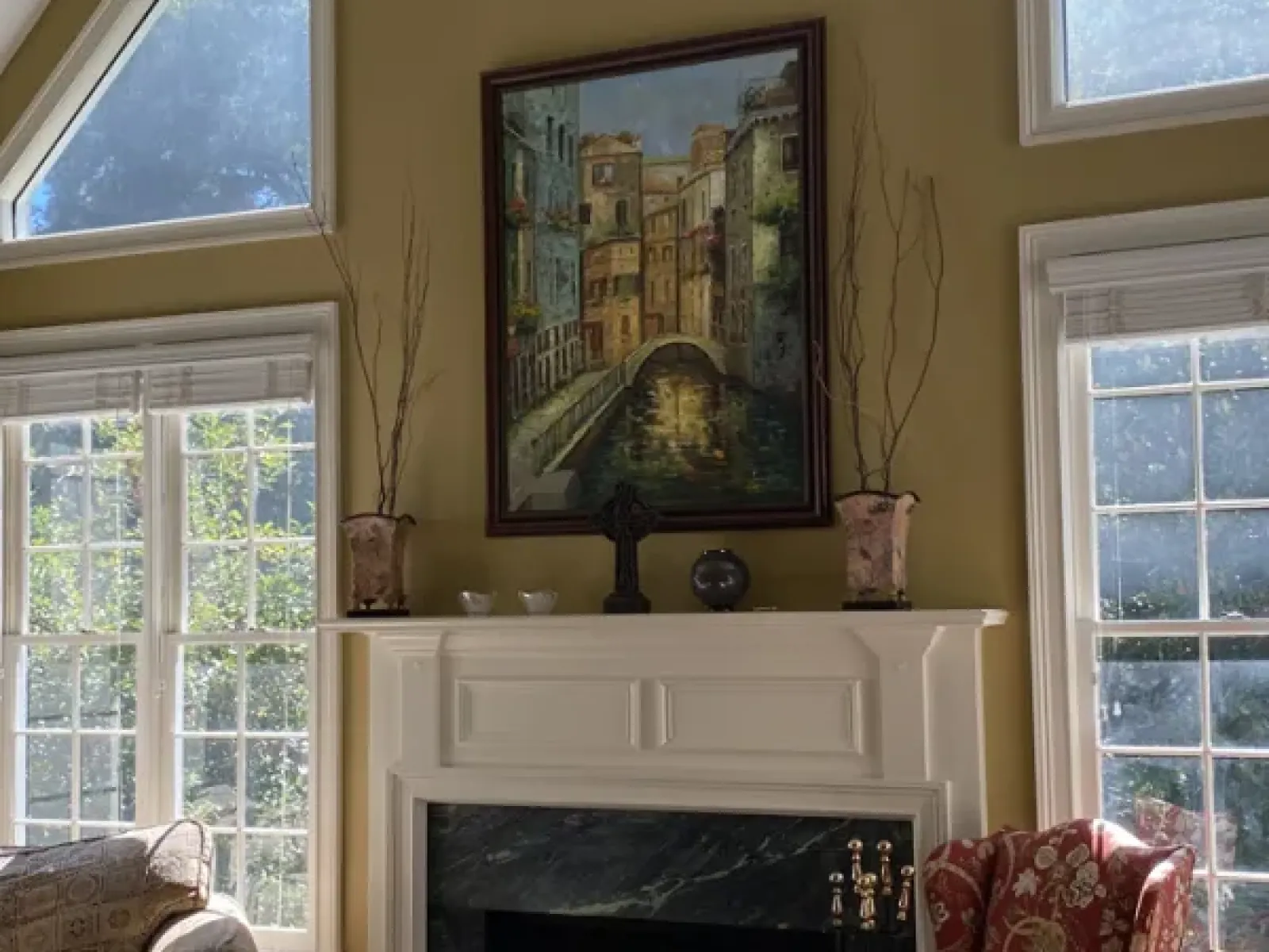 a living room with a fireplace