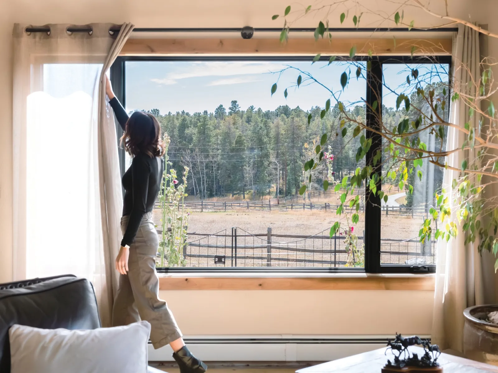 a person standing on a window ledge