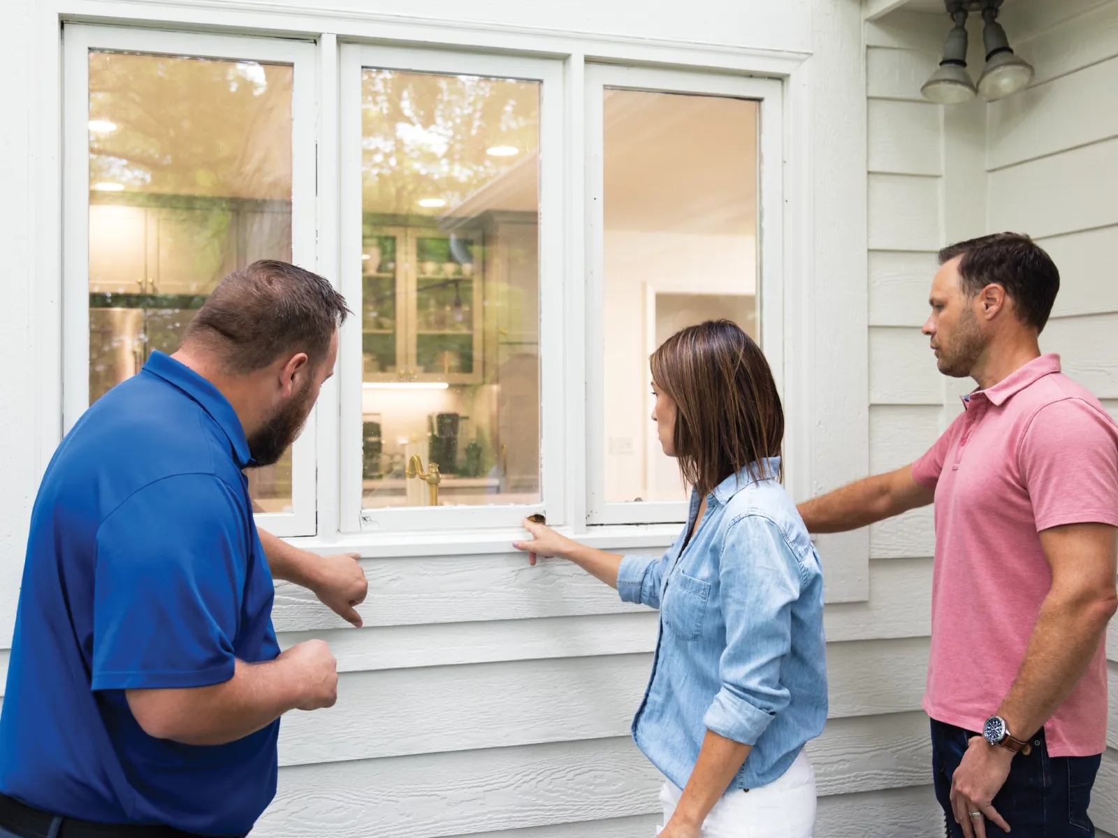 Two men and a woman inspecting a white-framed window on a house exterior during the day.